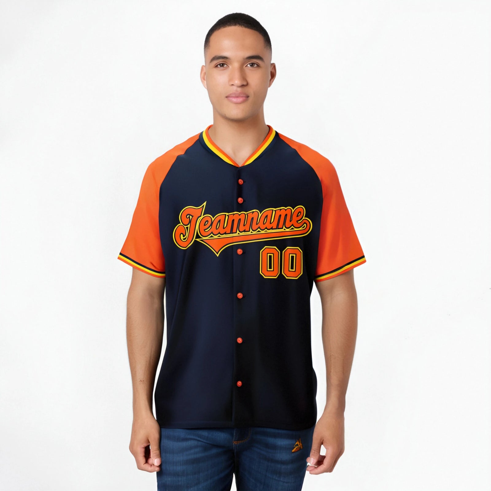 Custom Navy Orange Yellow Authentic Colored Buttons Baseball Jersey