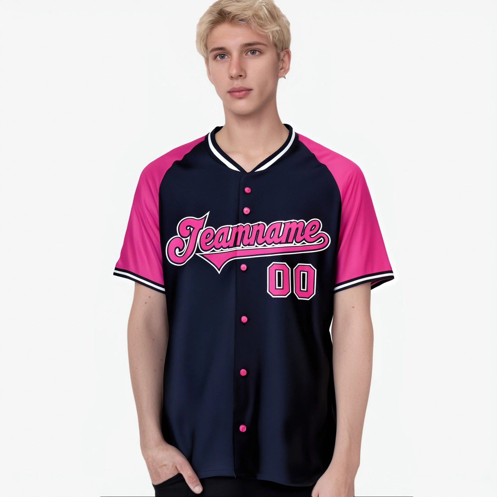 Custom Navy Pink White Authentic Colored Buttons Baseball Jersey