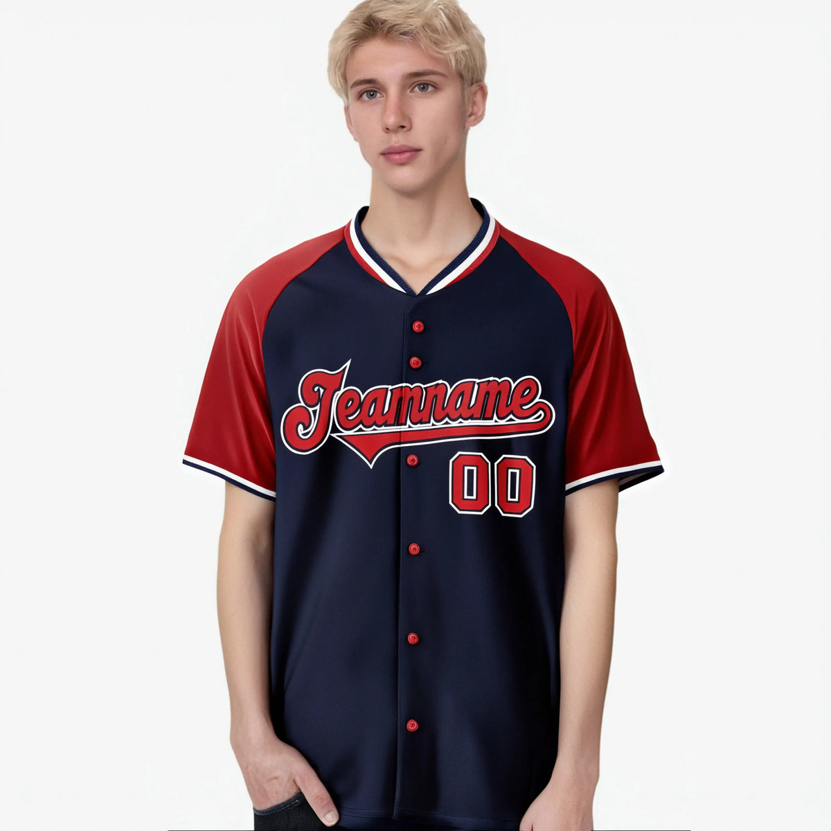Custom Navy Red White Authentic Colored Buttons Baseball Jersey