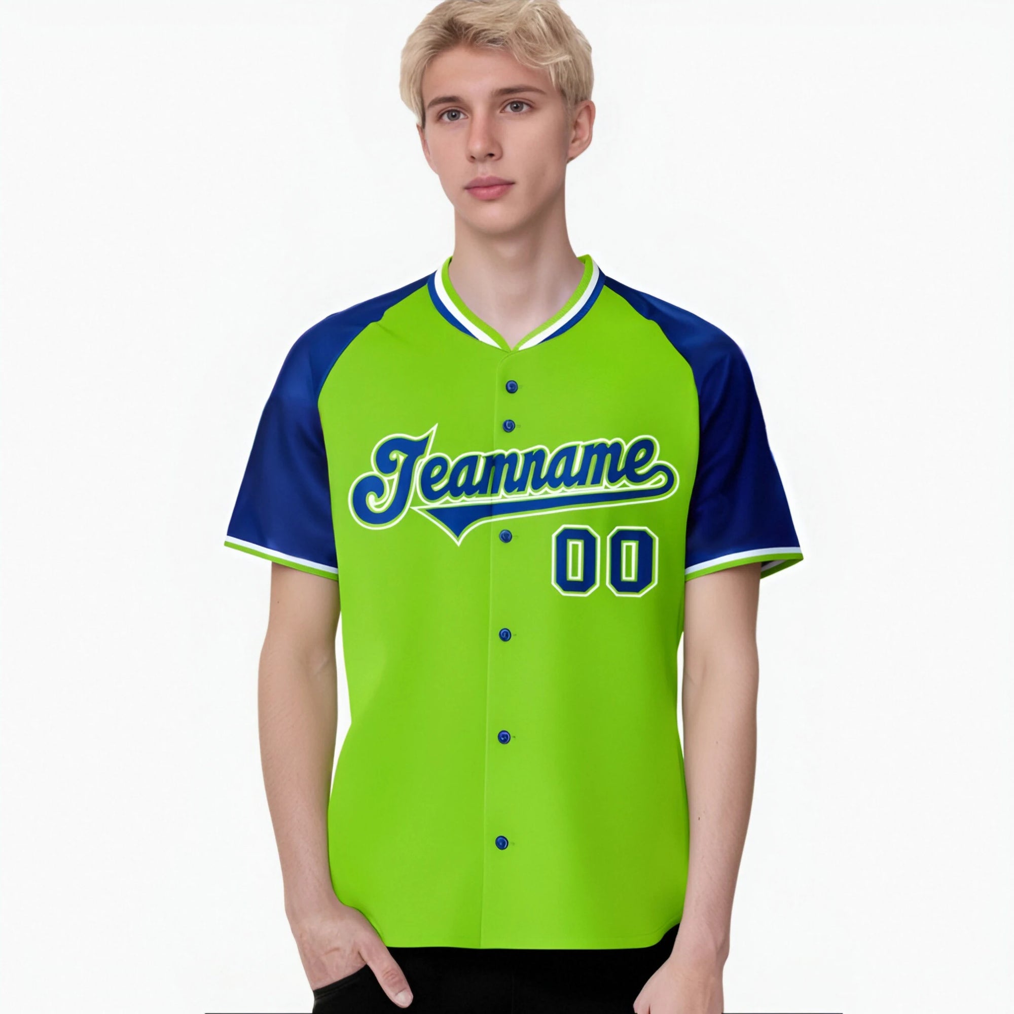 Custom Neon Green Blue White Authentic Colored Buttons Baseball Jersey