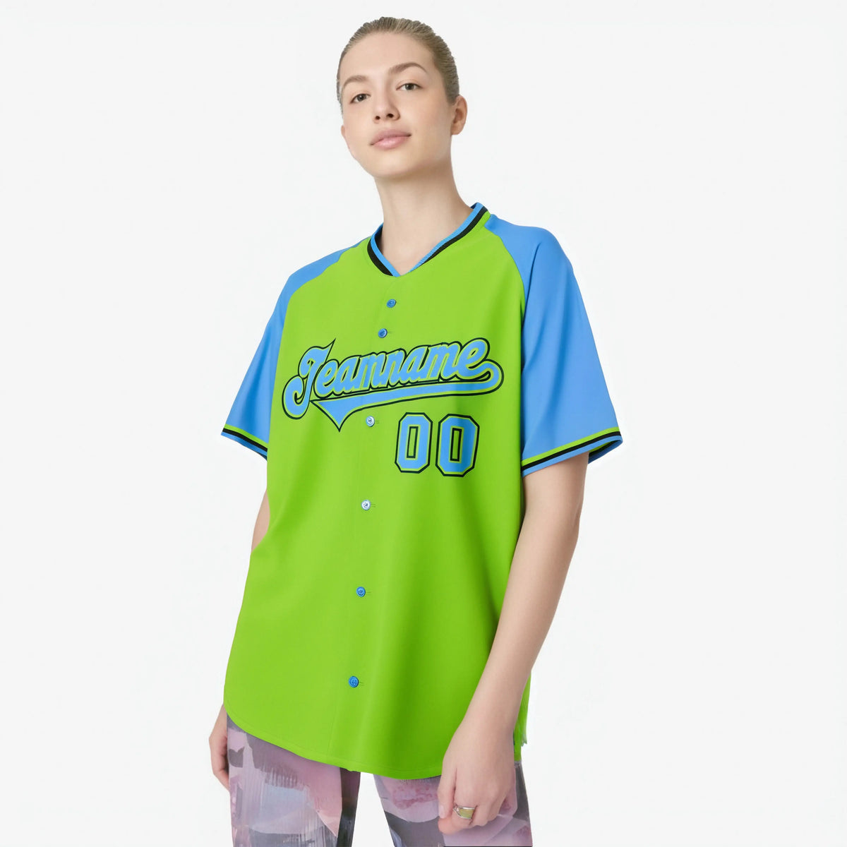 Custom Neon Green Blue Black Authentic Colored Buttons Baseball Jersey