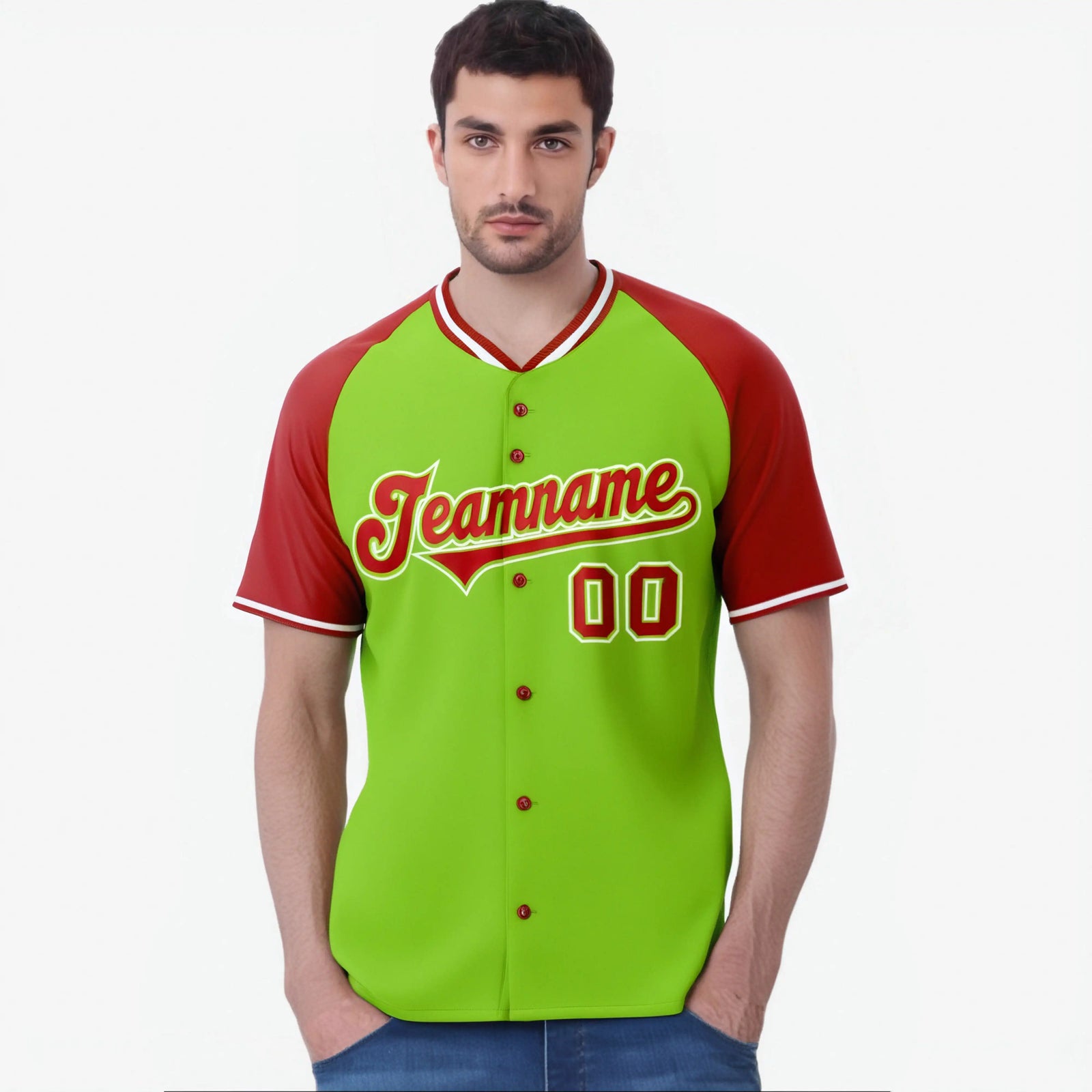 Custom Neon Green Red White Authentic Colored Buttons Baseball Jersey