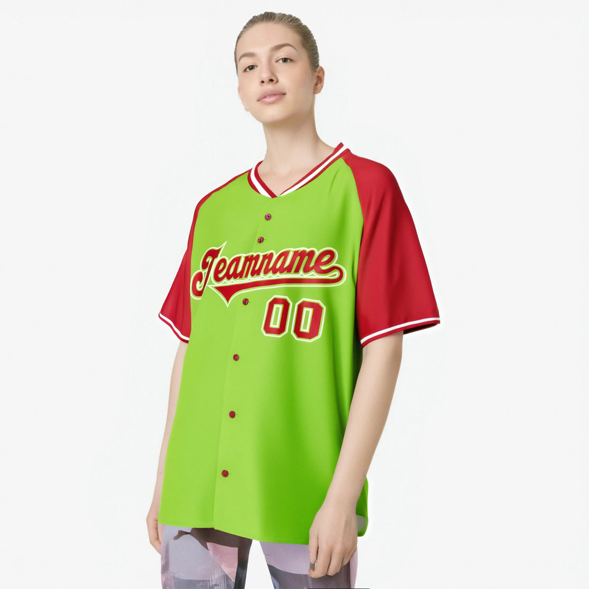 Custom Neon Green Red White Authentic Colored Buttons Baseball Jersey