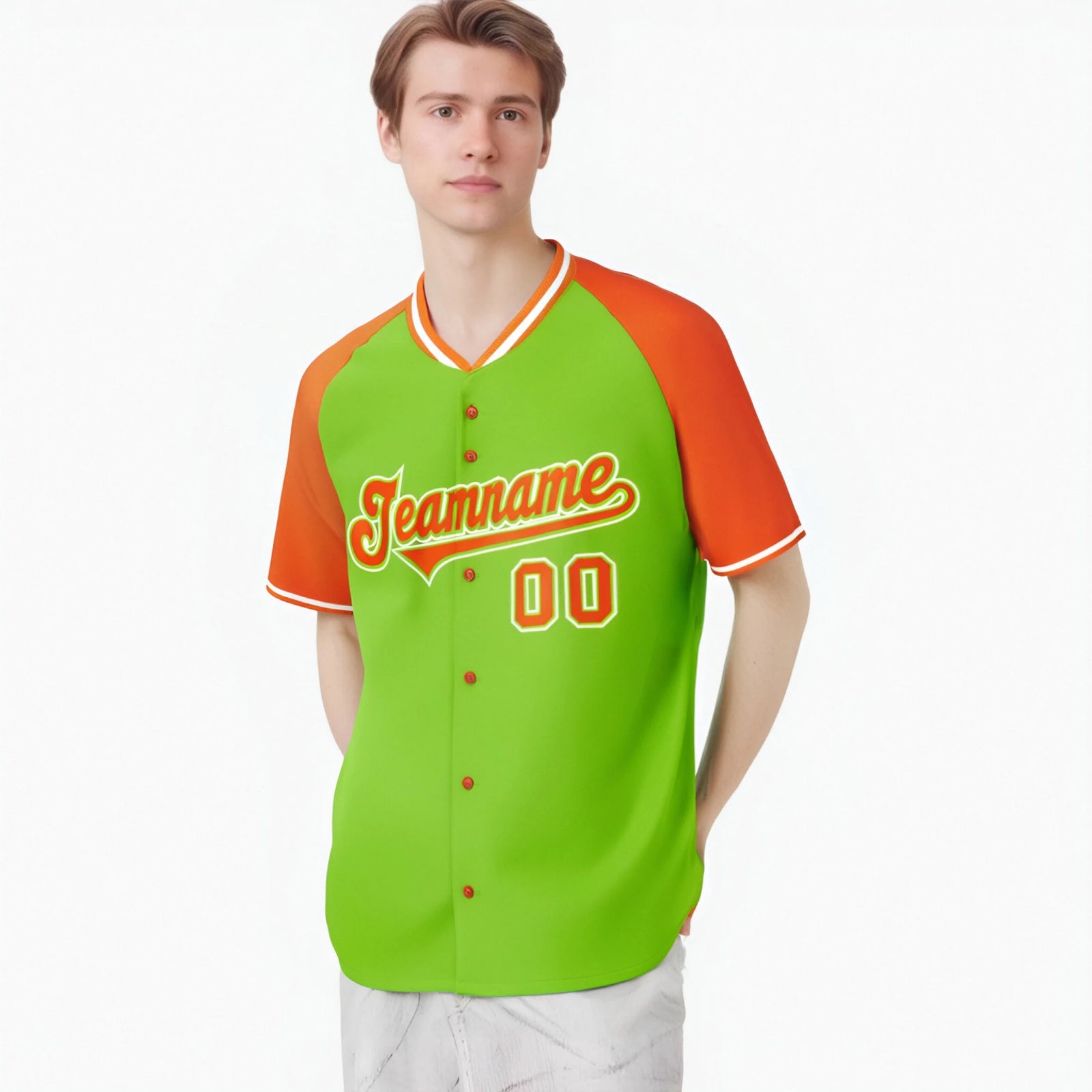 Custom Neon Green Orange White Authentic Colored Buttons Baseball Jersey