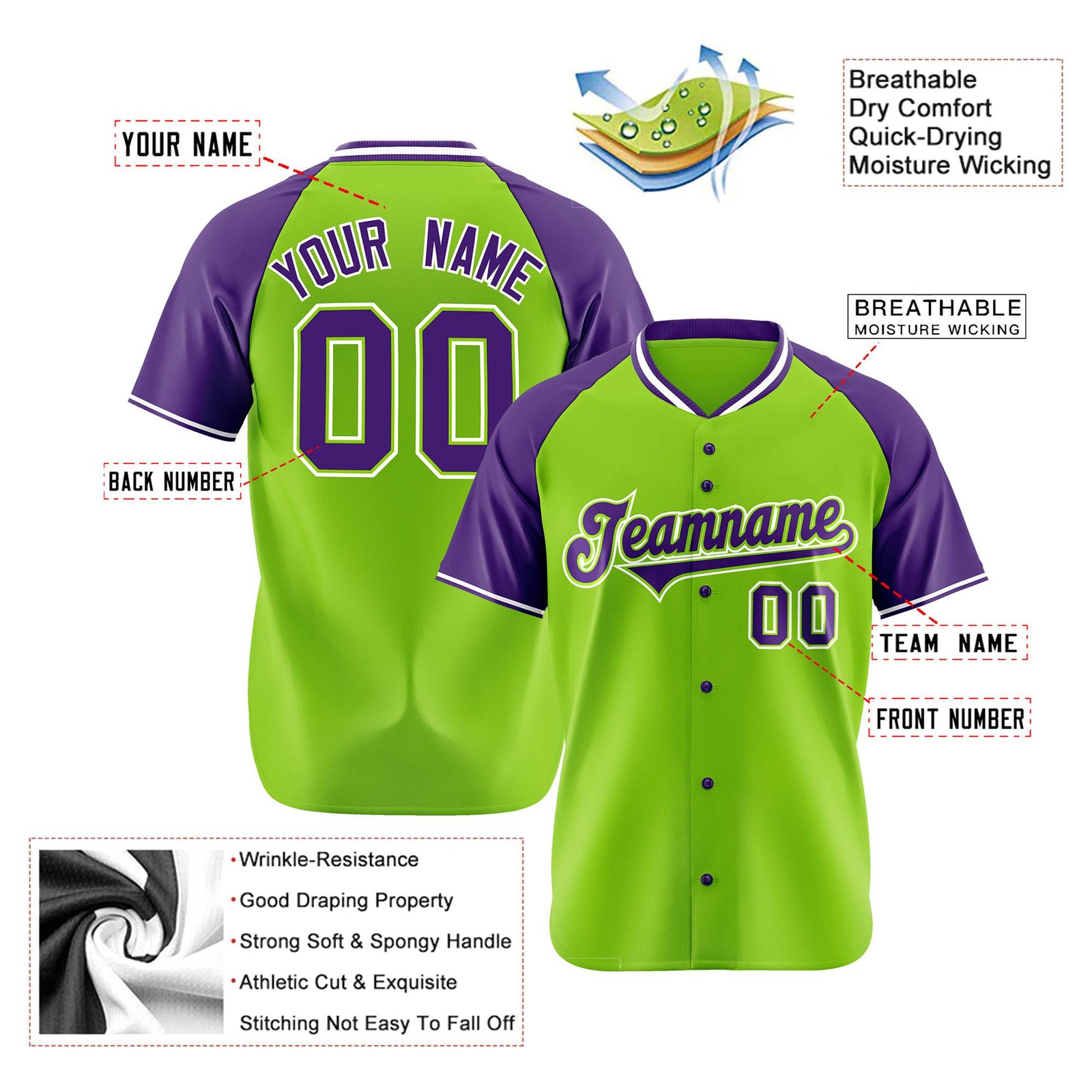 Custom Neon Green Purple White Authentic Colored Buttons Baseball Jersey