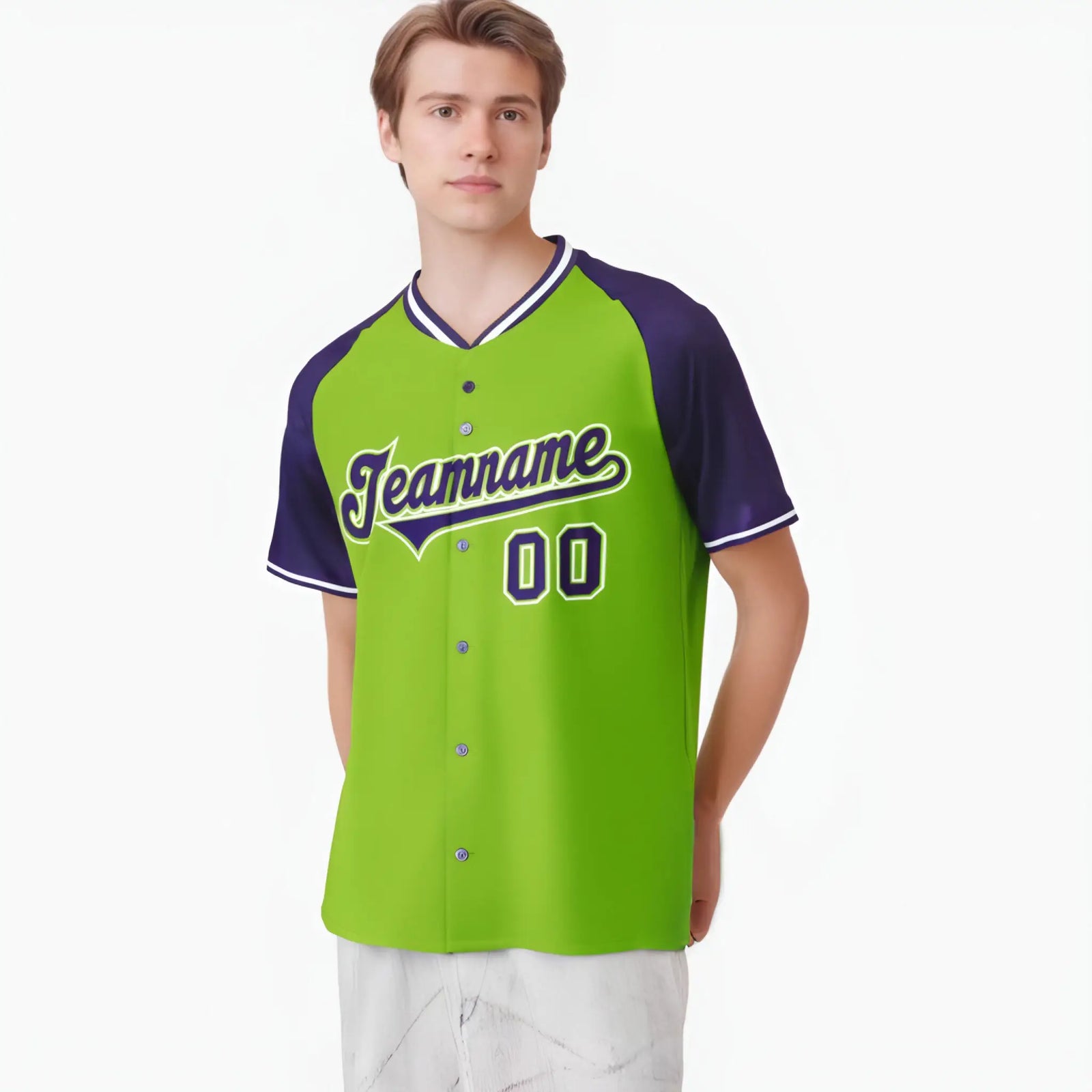 Custom Neon Green Purple White Authentic Colored Buttons Baseball Jersey
