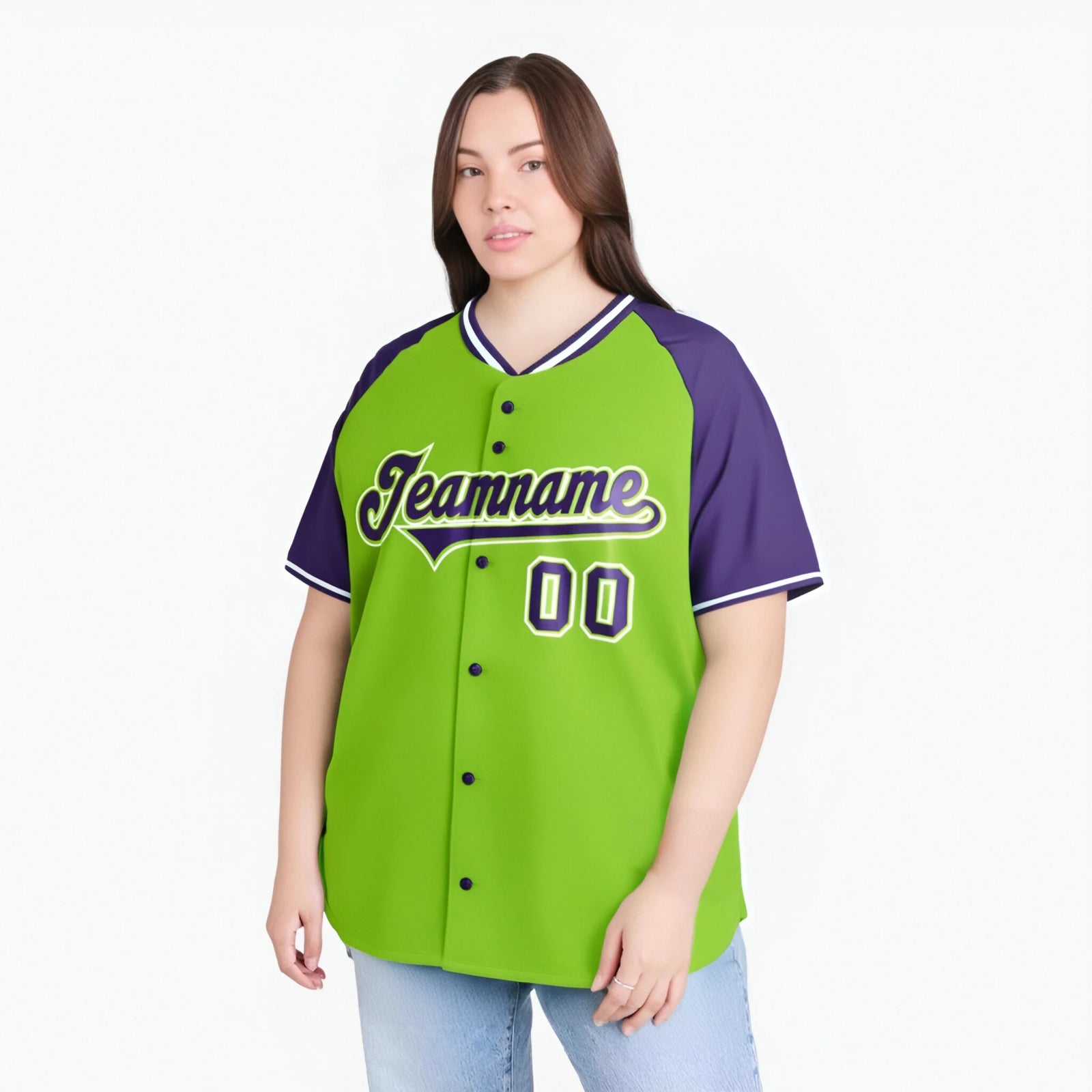 Custom Neon Green Purple White Authentic Colored Buttons Baseball Jersey