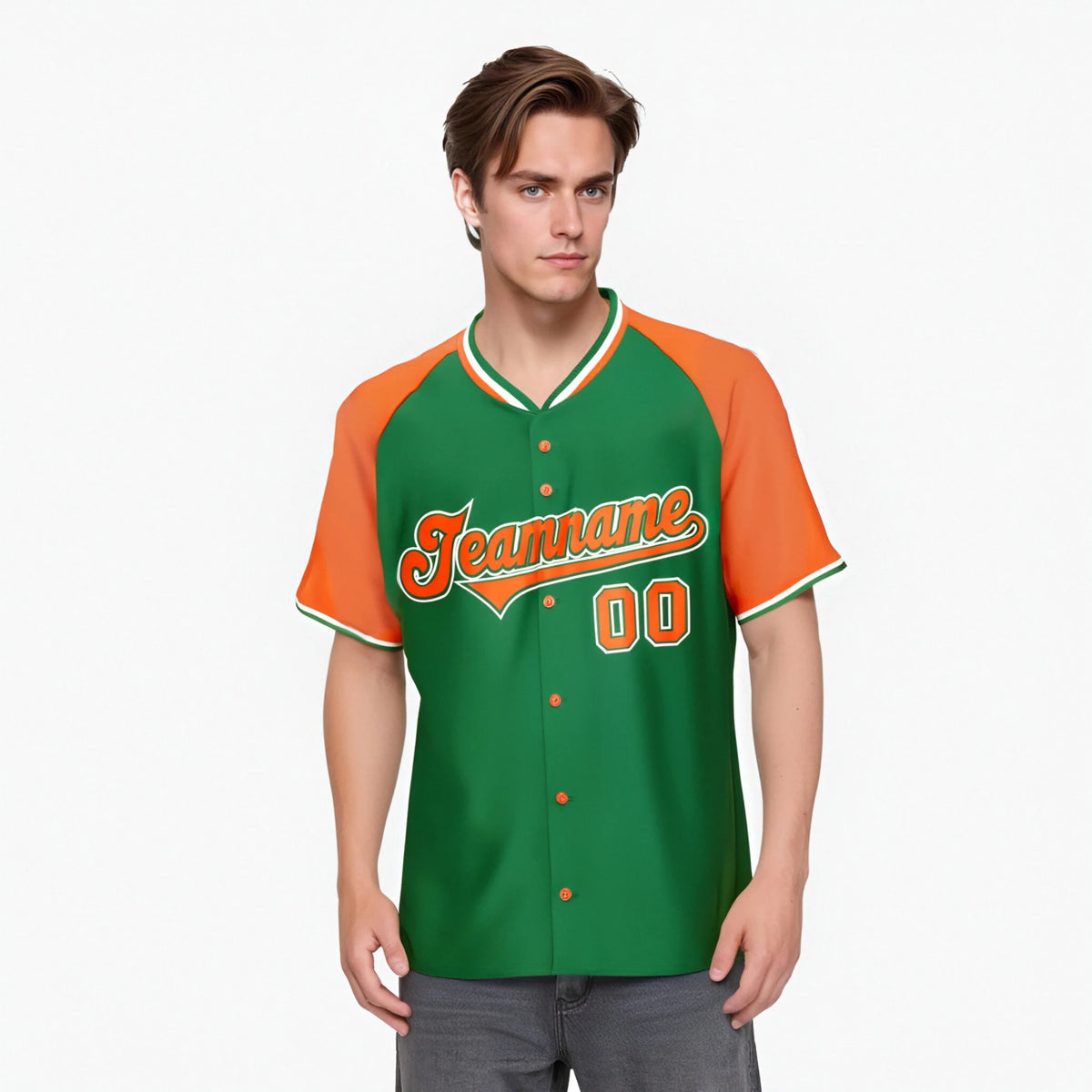 Custom Kelly Green Orange White Authentic Colored Buttons Baseball Jersey
