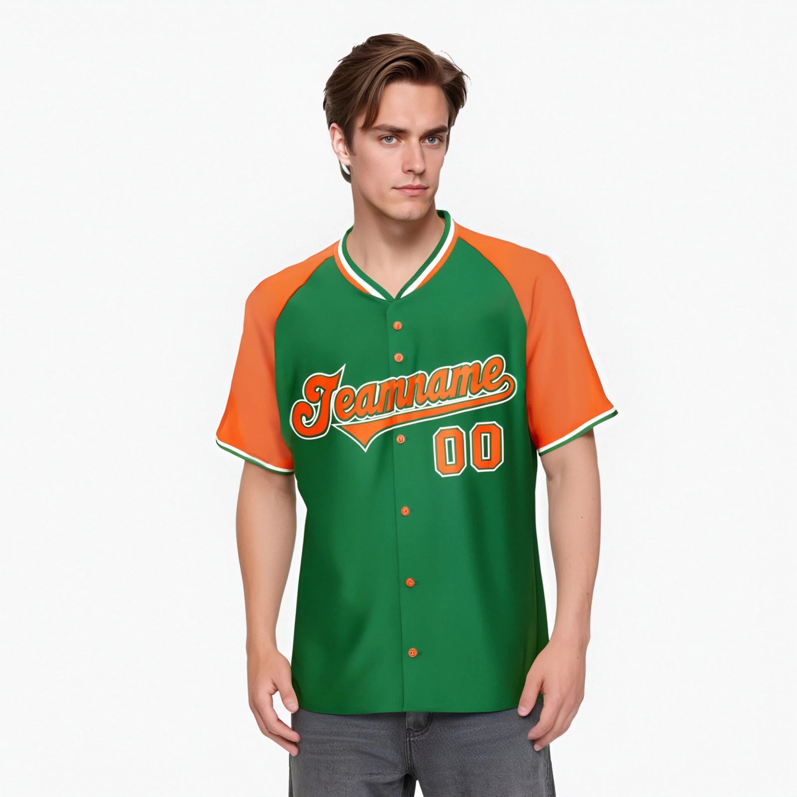Custom Kelly Green Orange White Authentic Colored Buttons Baseball Jersey