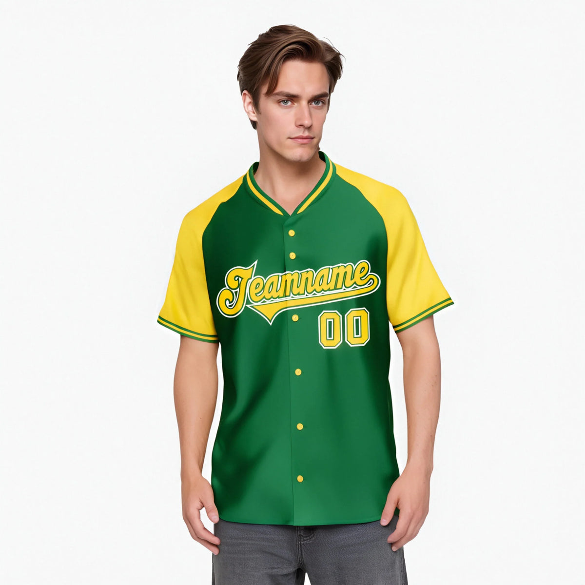 Custom Kelly Green Yellow White Authentic Colored Buttons Baseball Jersey
