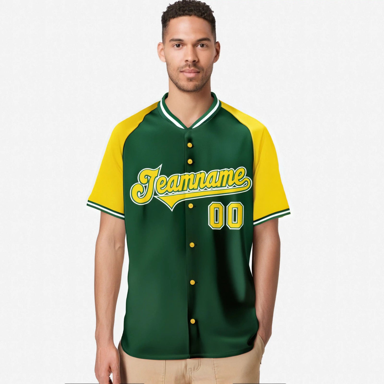 Custom Kelly Green Yellow White Authentic Colored Buttons Baseball Jersey