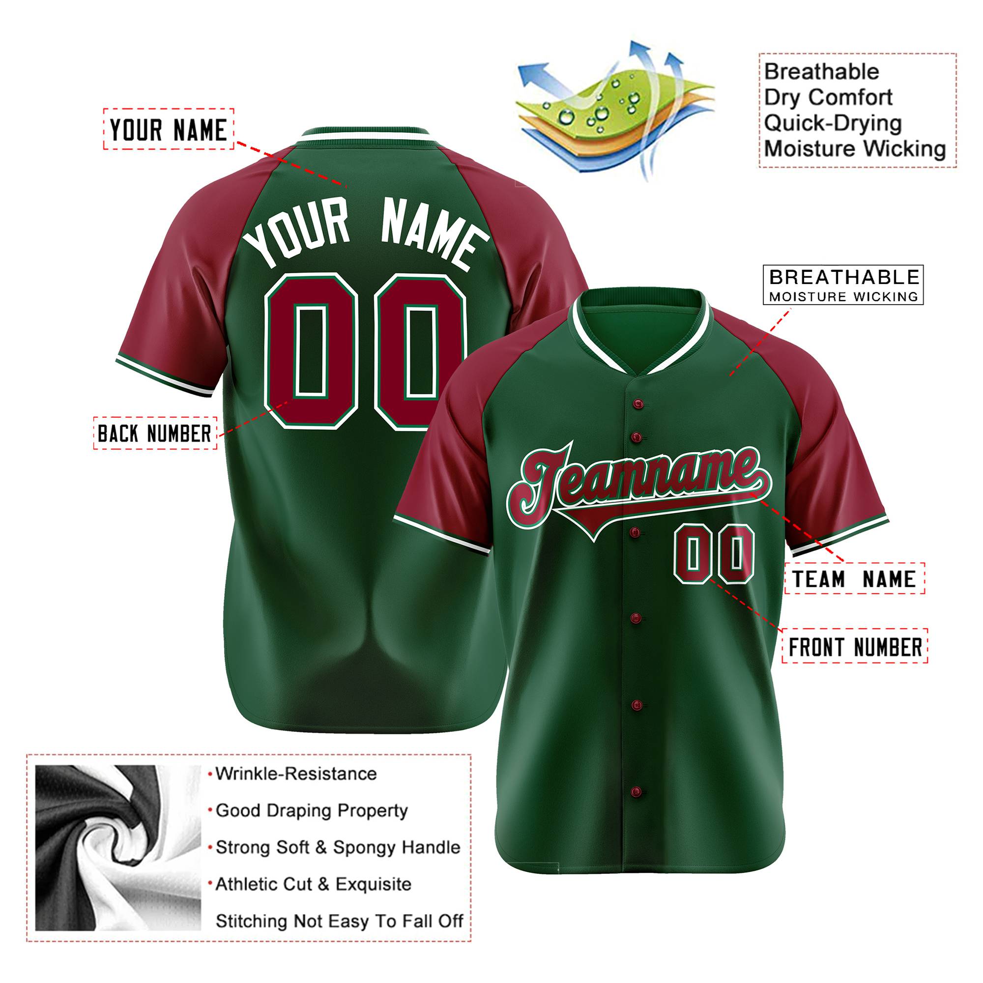 Custom Kelly Green Crimson White Authentic Colored Buttons Baseball Jersey