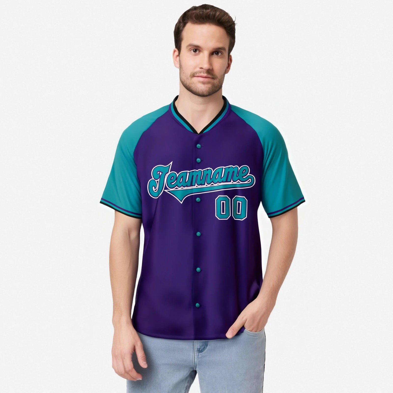 Custom Purple Aqua White Authentic Colored Buttons Baseball Jersey