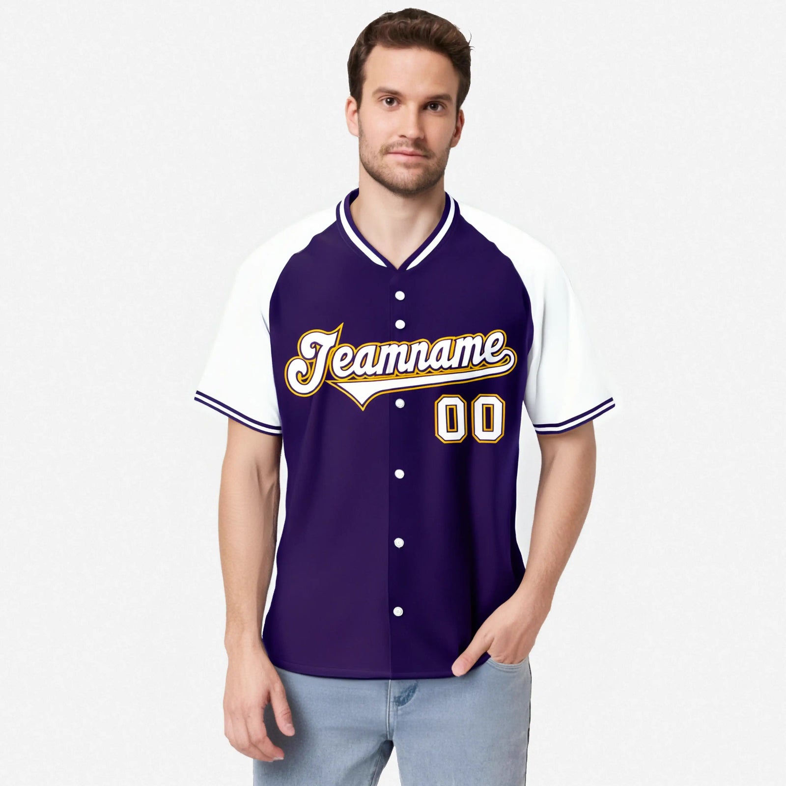 Custom Purple White Yellow Authentic Colored Buttons Baseball Jersey