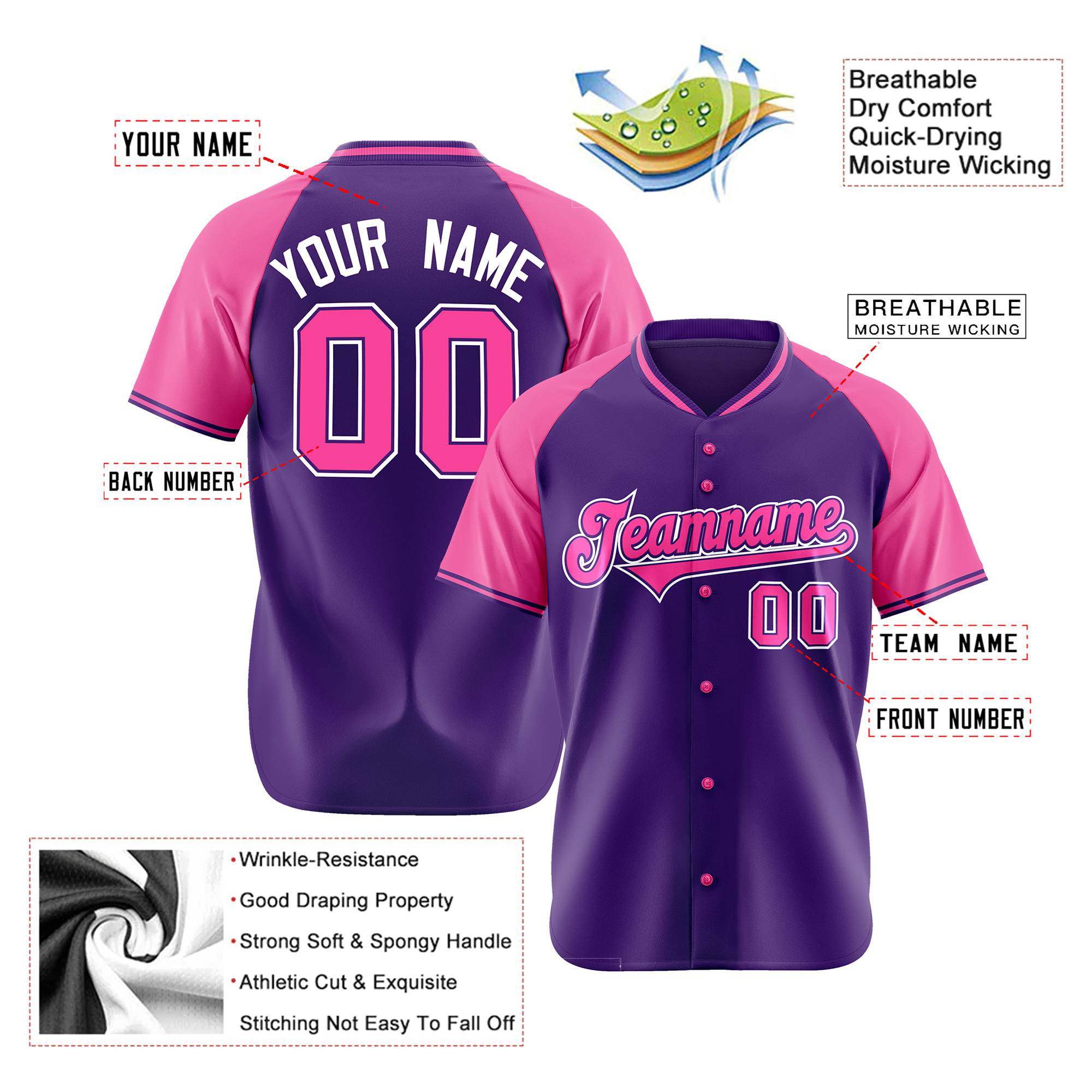 Custom Purple Pink White Authentic Colored Buttons Baseball Jersey