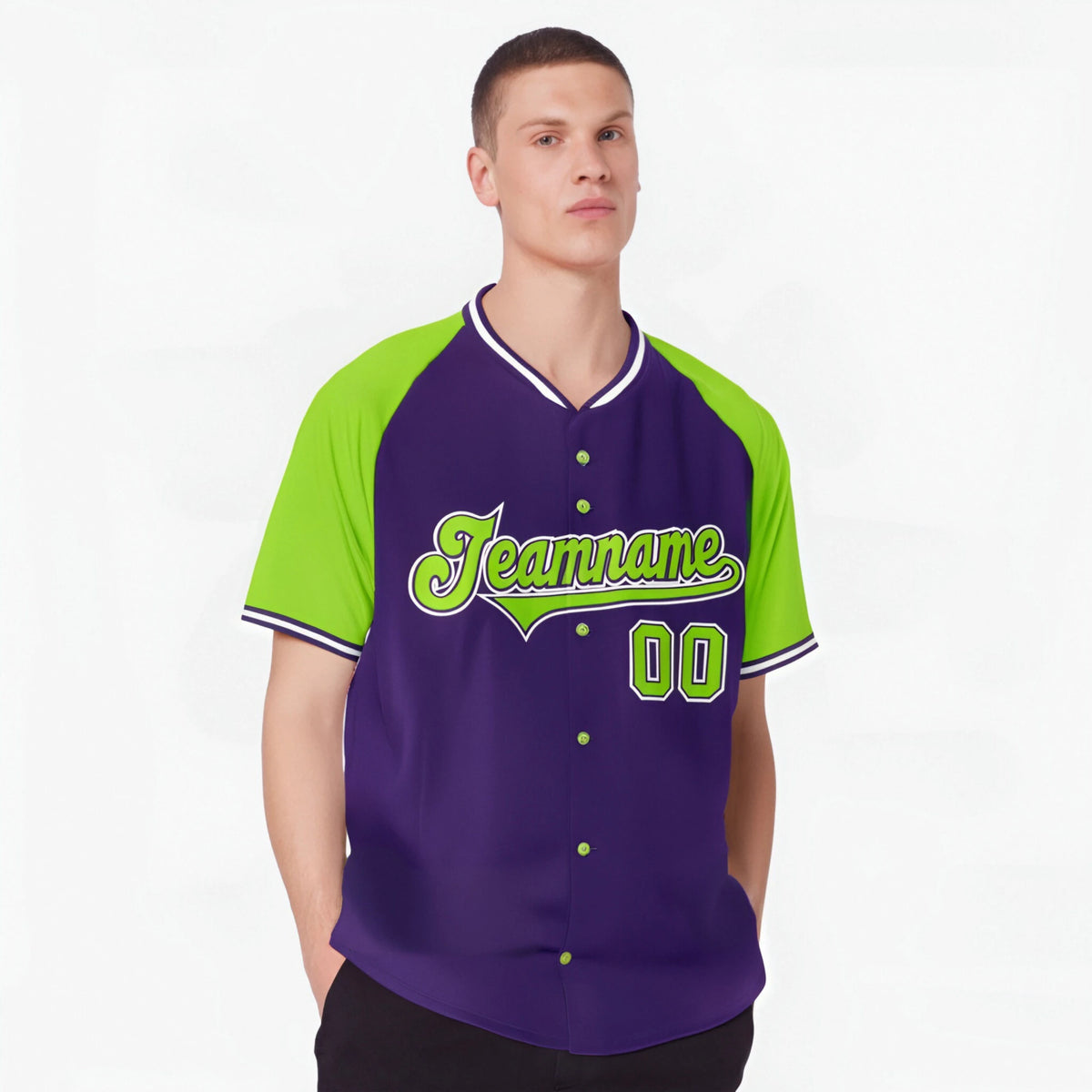 Custom Purple Neon Green White Authentic Colored Buttons Baseball Jersey