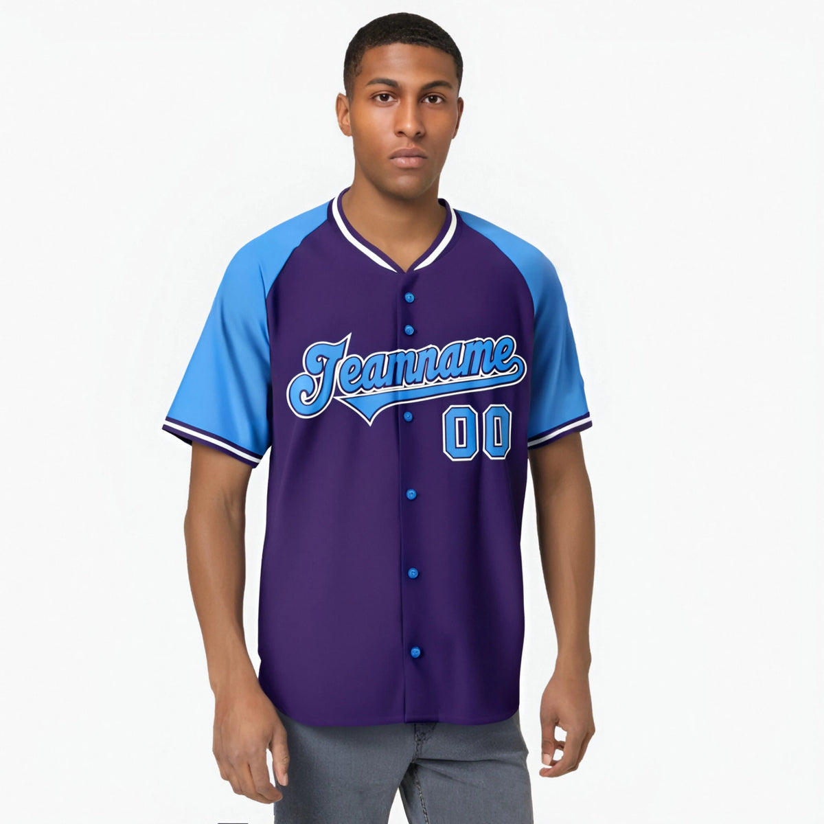Custom Purple Blue White Authentic Colored Buttons Baseball Jersey