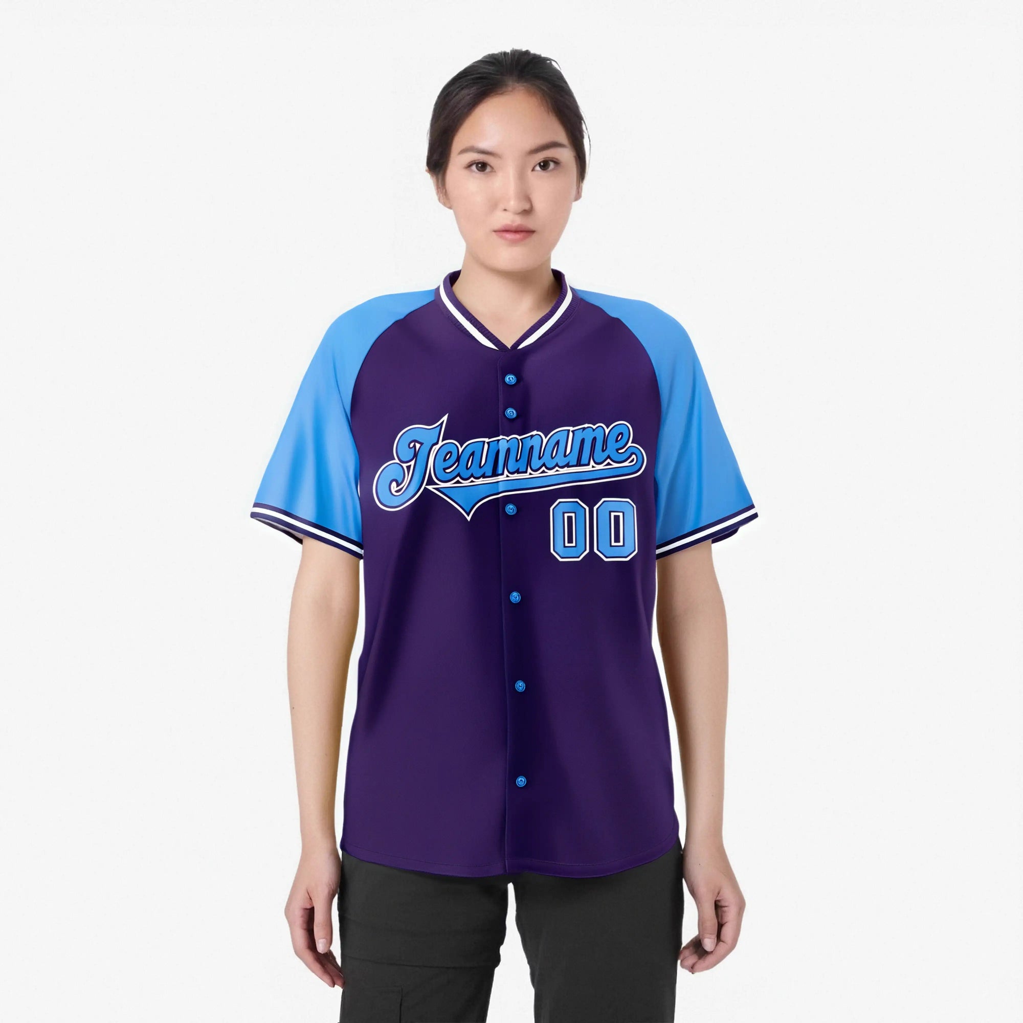 Custom Purple Blue White Authentic Colored Buttons Baseball Jersey