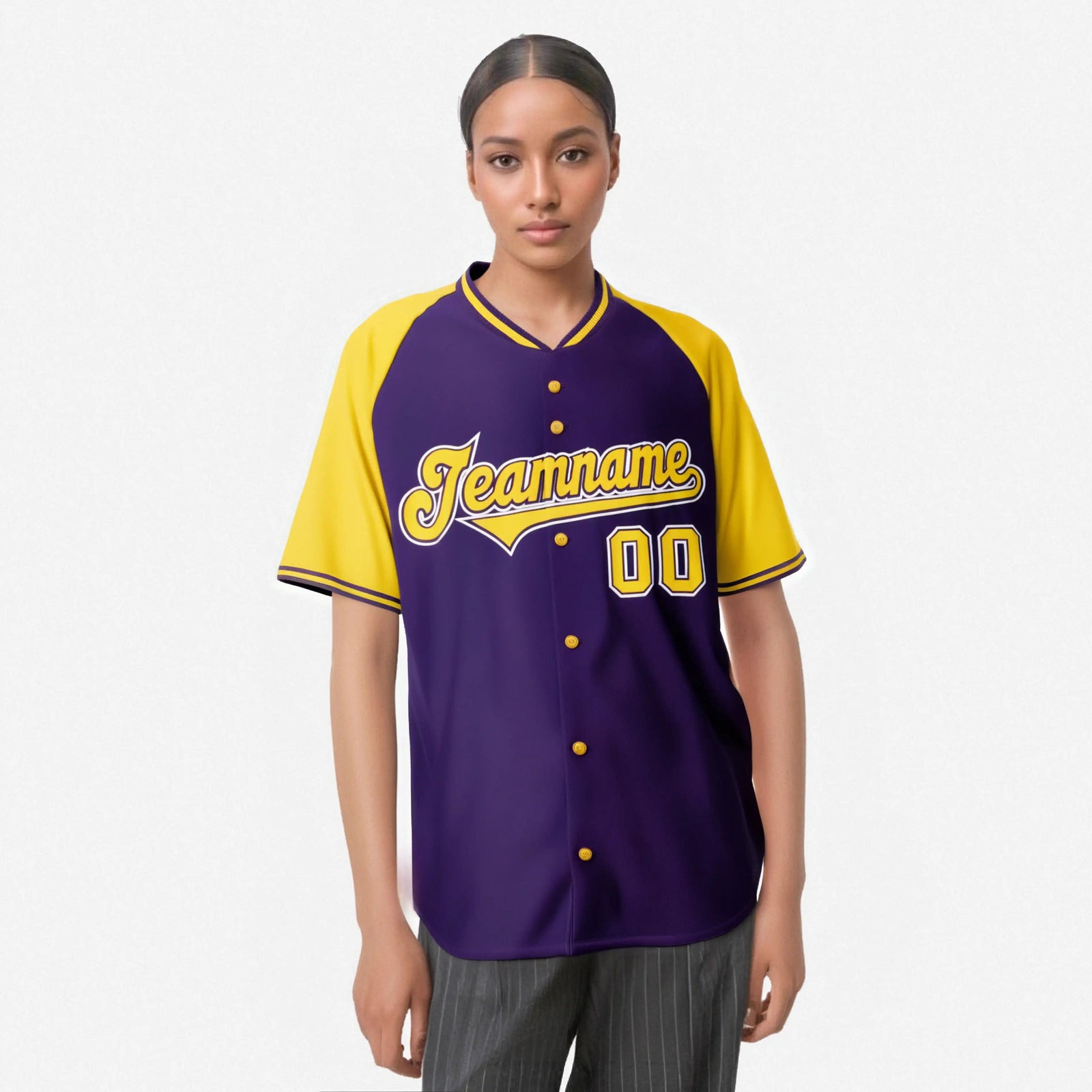 Custom Purple Yellow White Authentic Colored Buttons Baseball Jersey