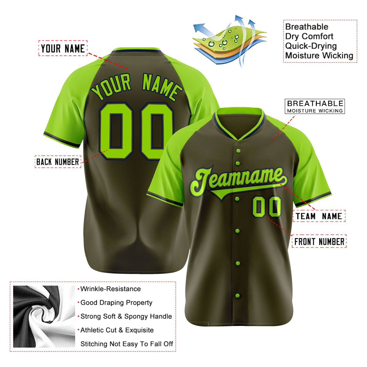 Custom Olive Neon Green Black Authentic Colored Buttons Baseball Jersey