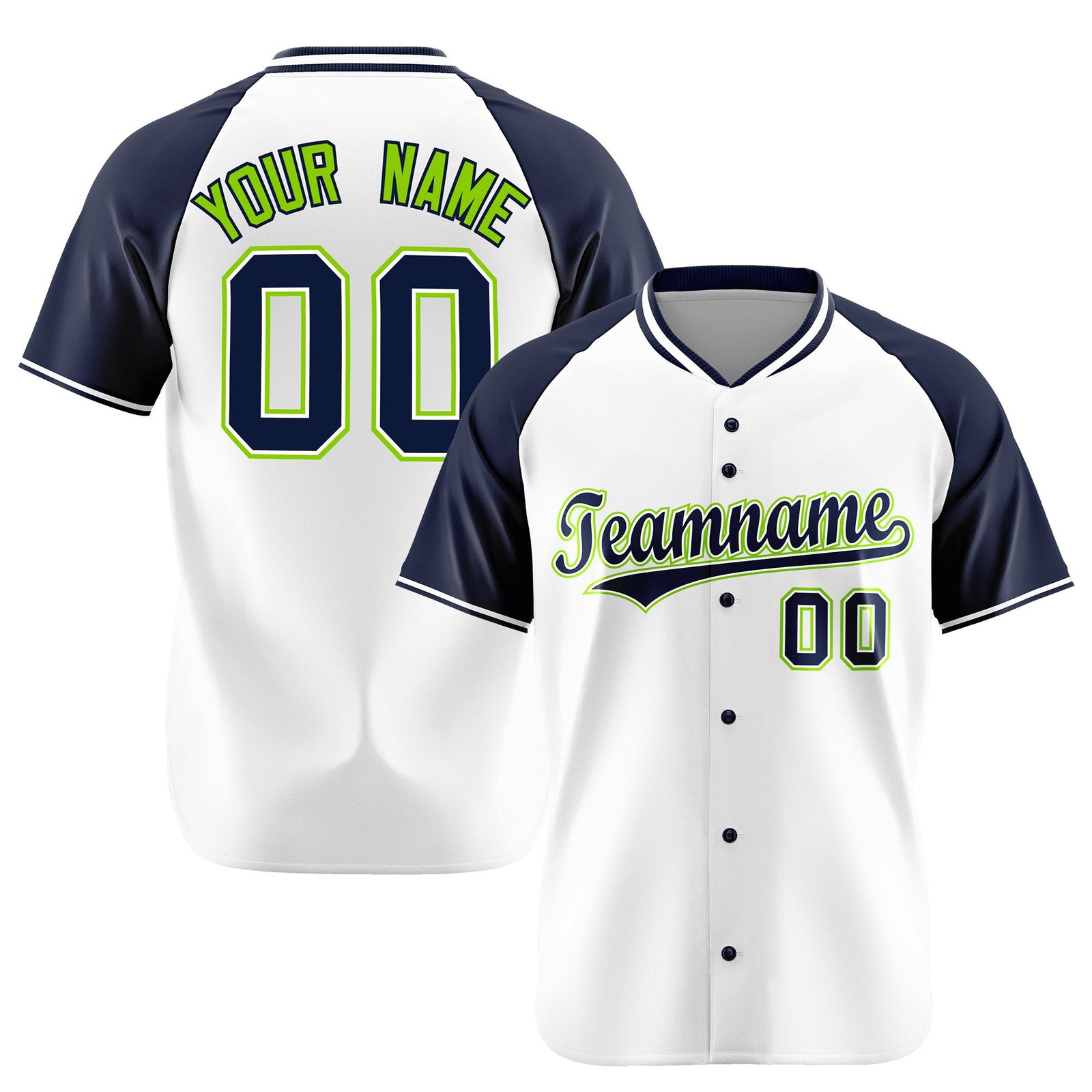 Custom White Navy Neon Green Authentic Colored Buttons Baseball Jersey