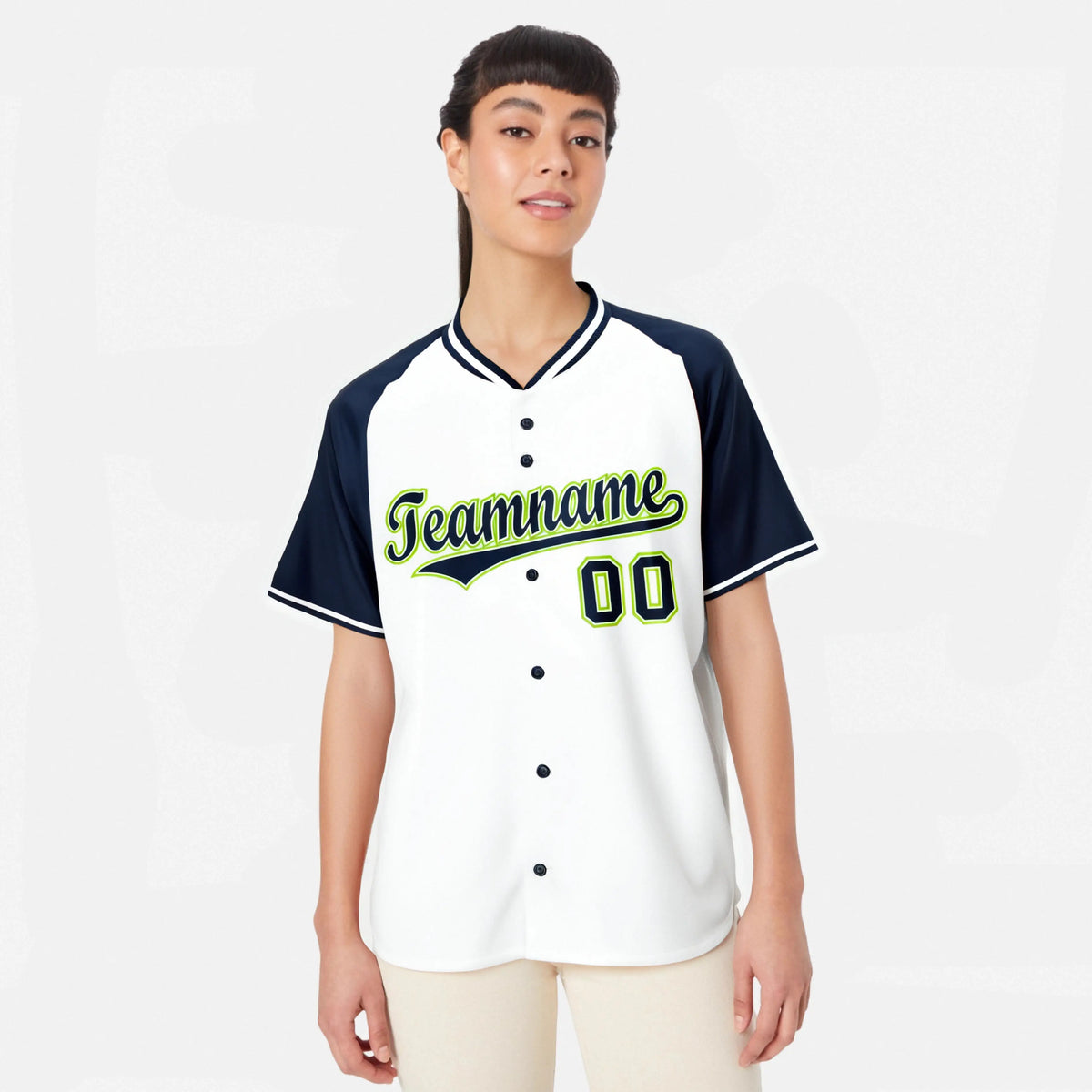 Custom White Navy Neon Green Authentic Colored Buttons Baseball Jersey
