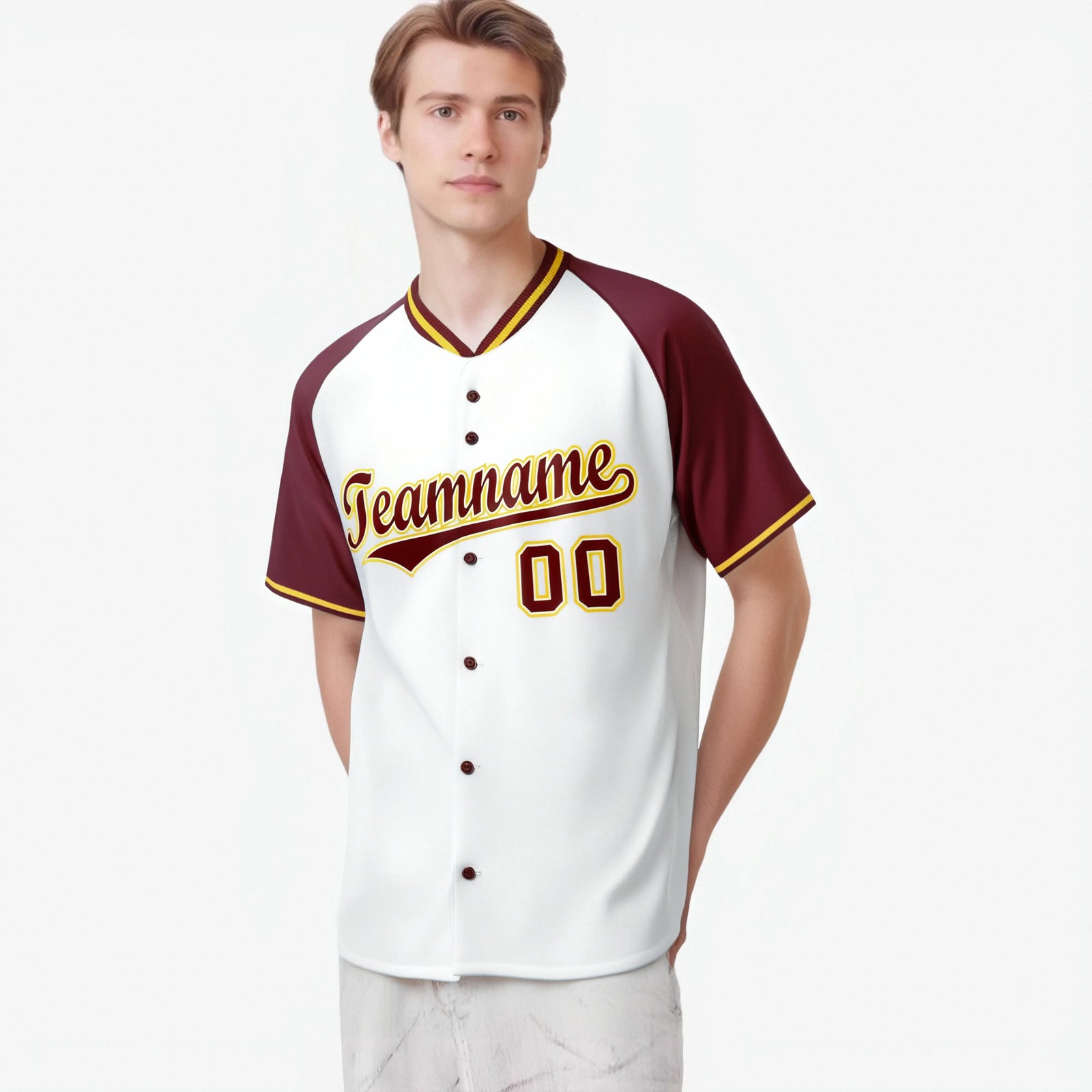 Custom White Burgundy Gold Authentic Colored Buttons Baseball Jersey