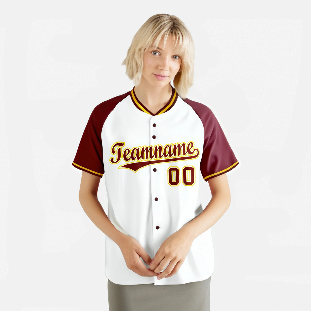 Custom White Burgundy Gold Authentic Colored Buttons Baseball Jersey