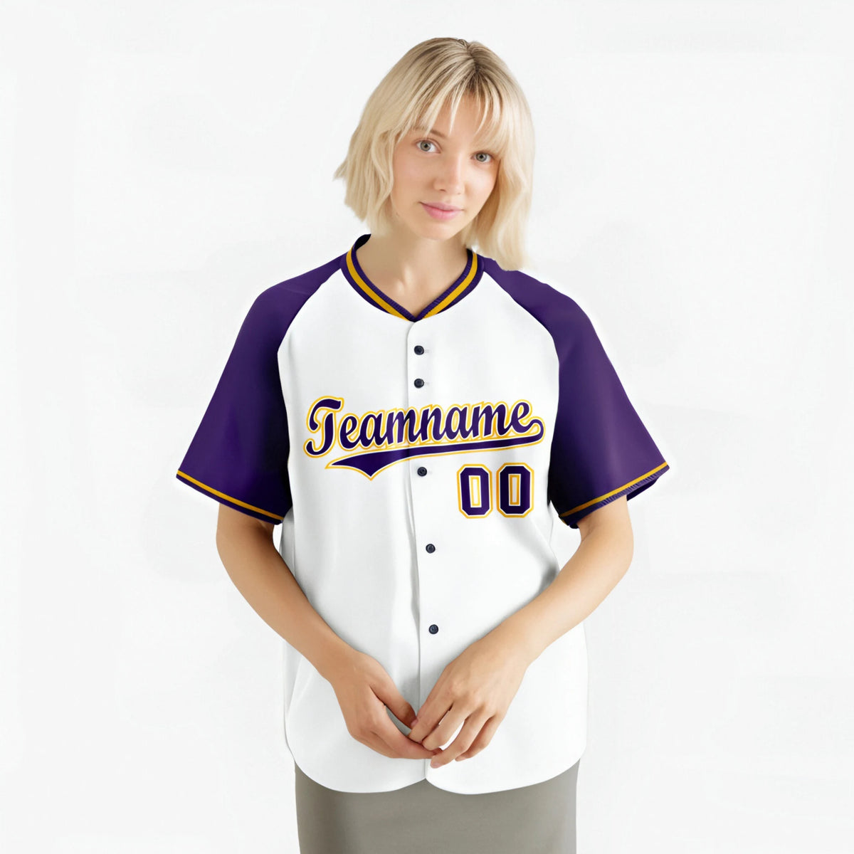 Custom White Purple Yellow Authentic Colored Buttons Baseball Jersey
