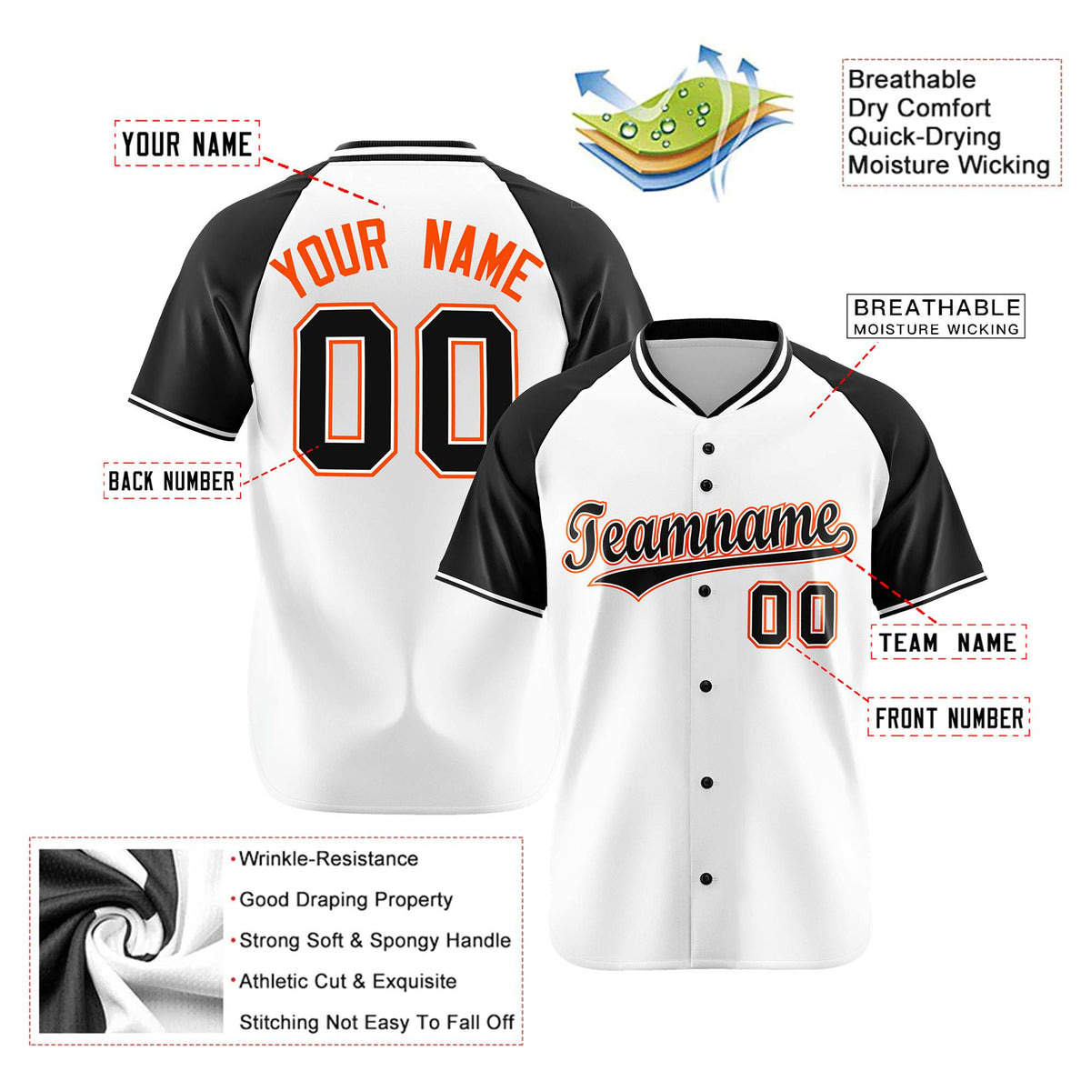 Custom White Black Orange Authentic Colored Buttons Baseball Jersey