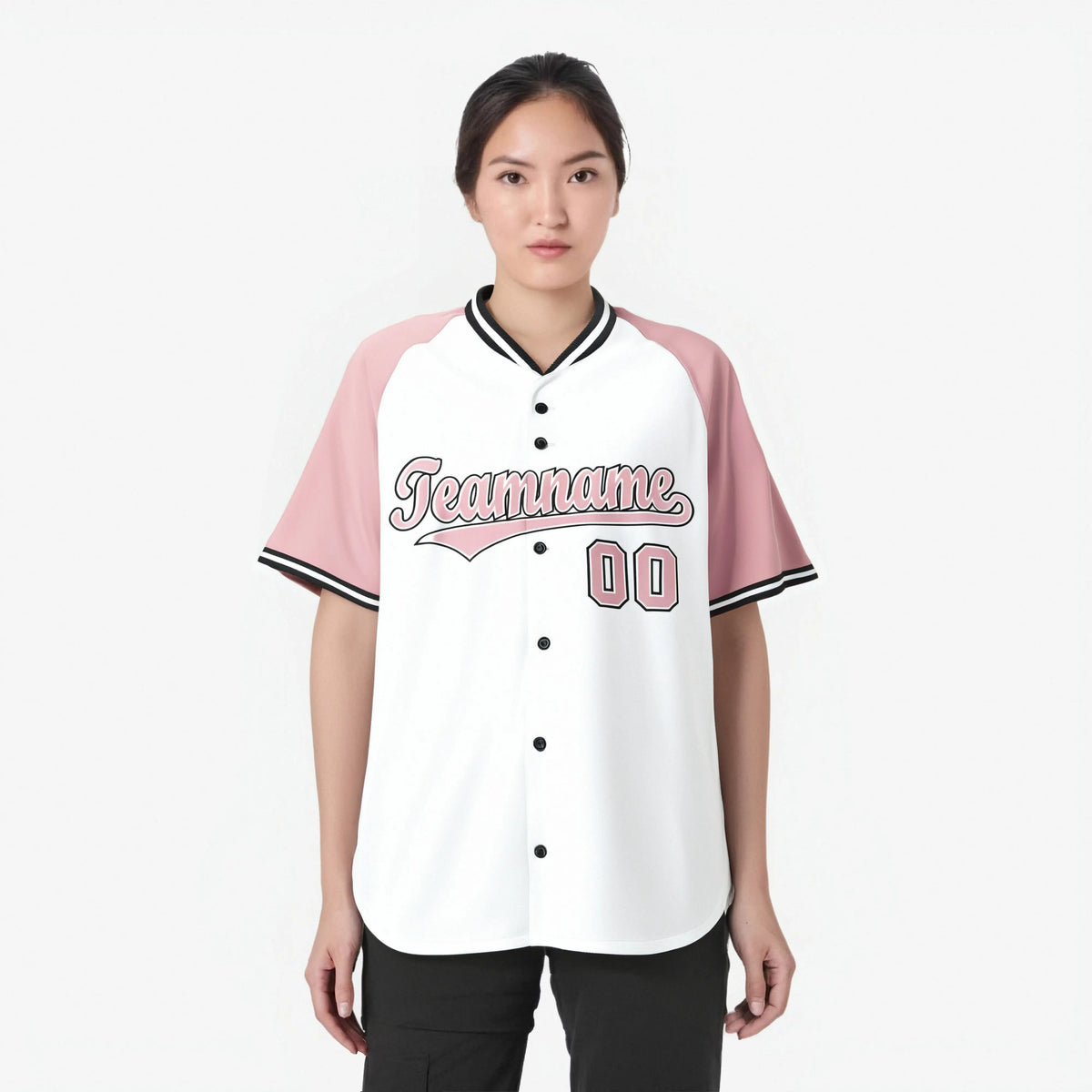 Custom White Pink Black Authentic Colored Buttons Baseball Jersey