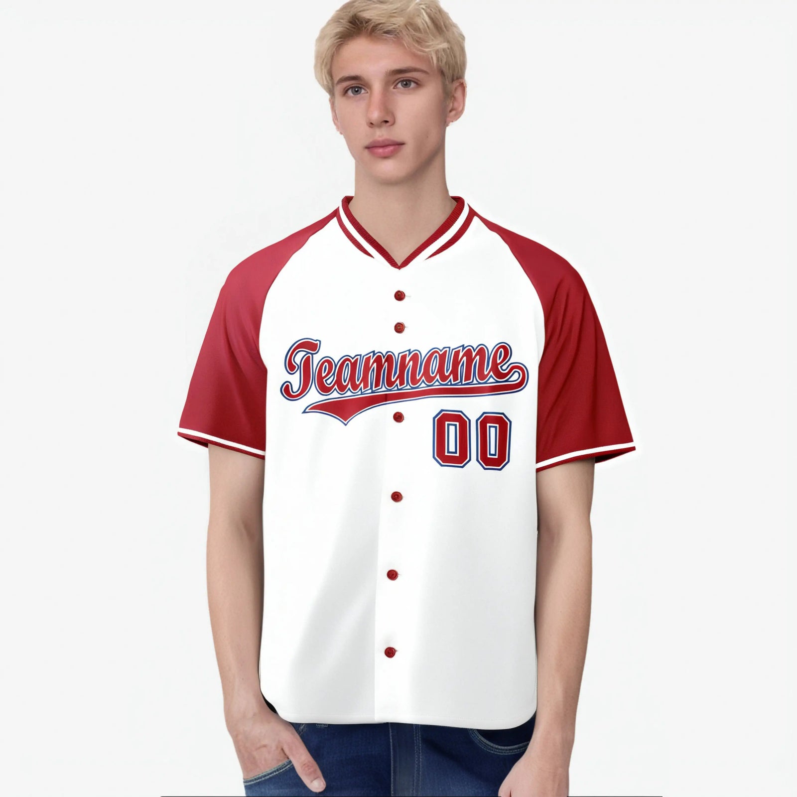 Custom White Red Blue Authentic Colored Buttons Baseball Jersey