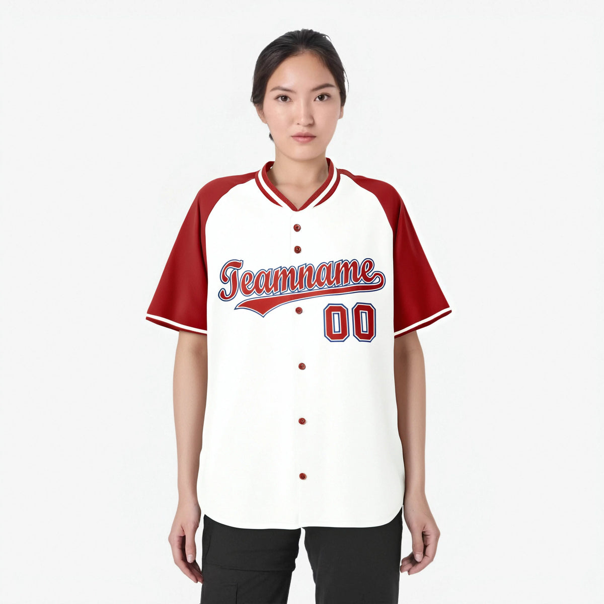 Custom White Red Blue Authentic Colored Buttons Baseball Jersey