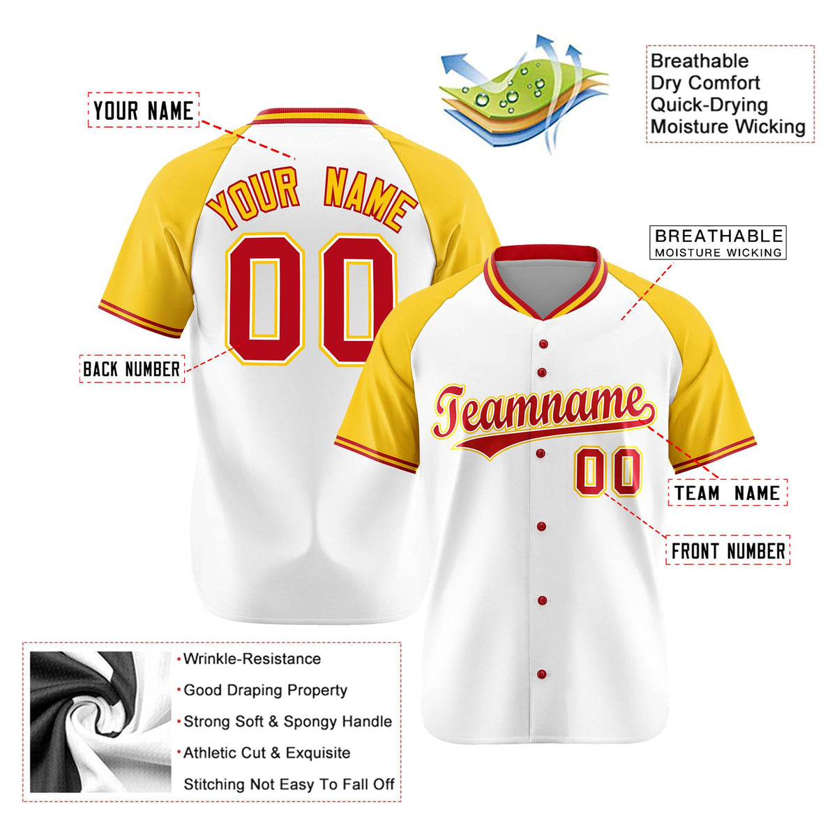 Custom White Yellow Red Authentic Colored Buttons Baseball Jersey