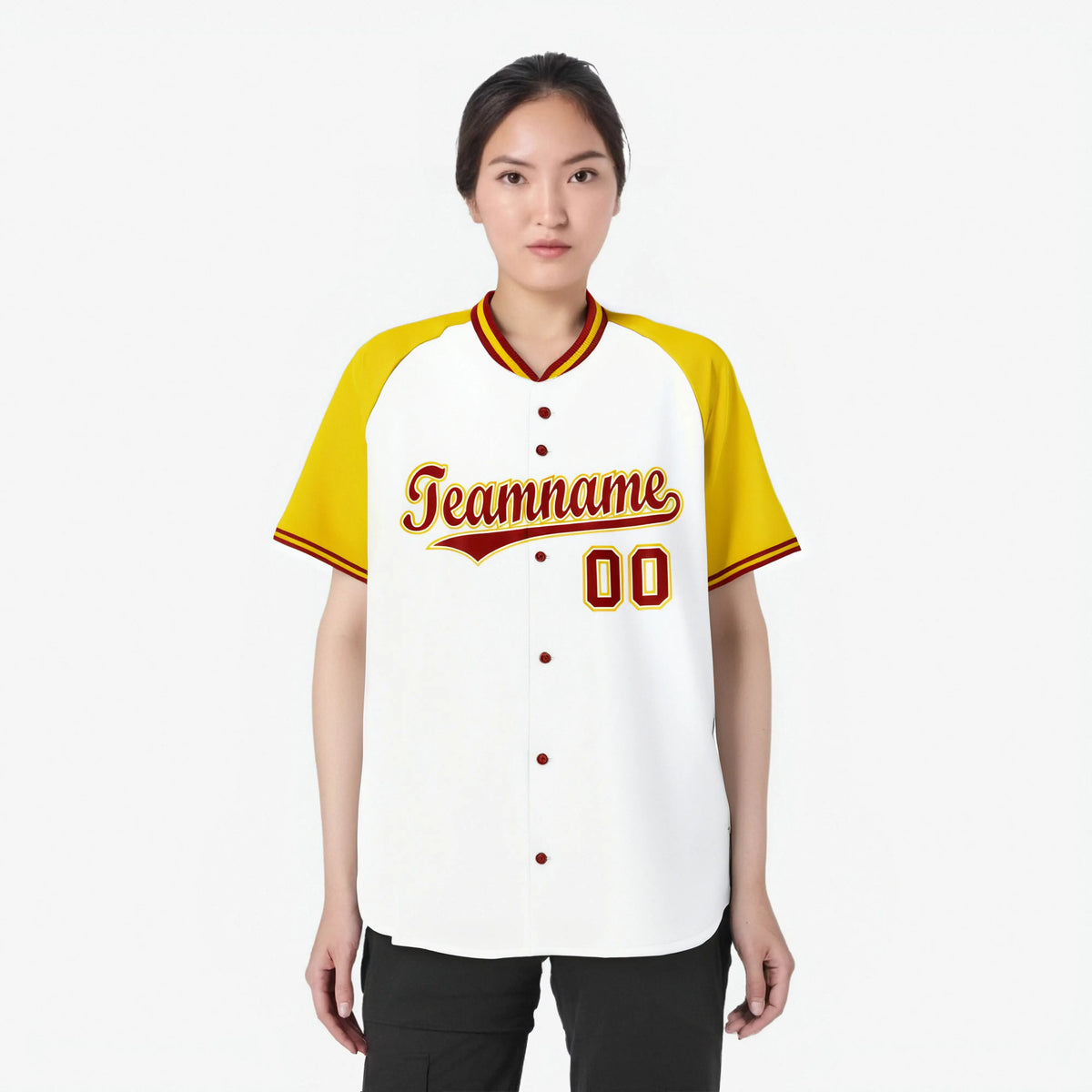 Custom White Yellow Red Authentic Colored Buttons Baseball Jersey