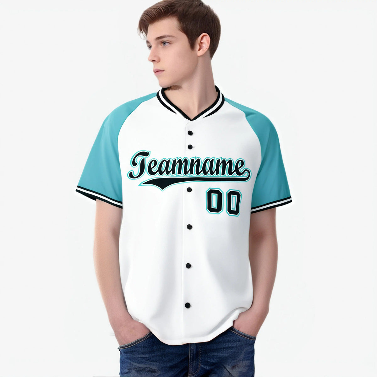 Custom White Black Light Blue Authentic Colored Buttons Baseball Jersey