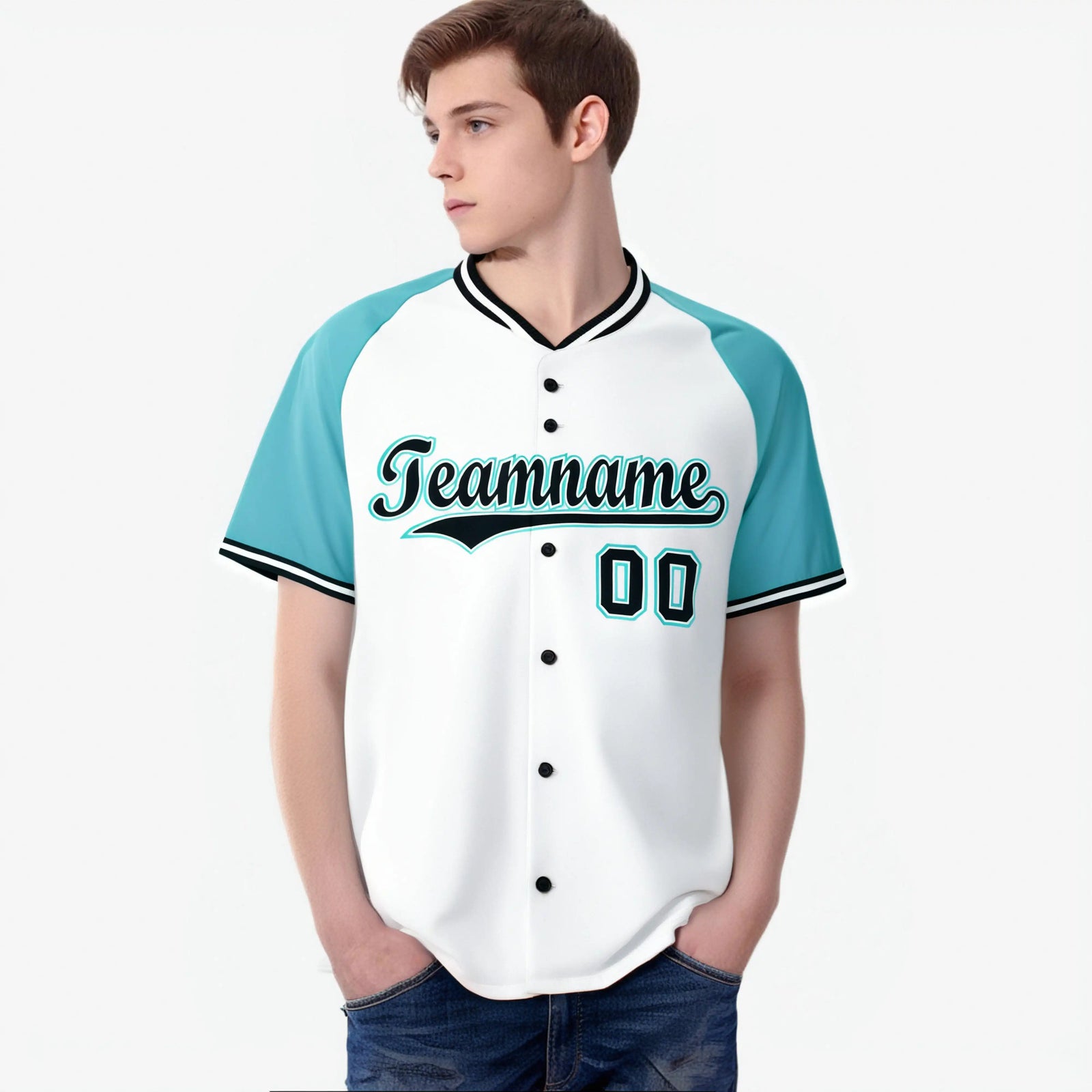 Custom White Black Light Blue Authentic Colored Buttons Baseball Jersey