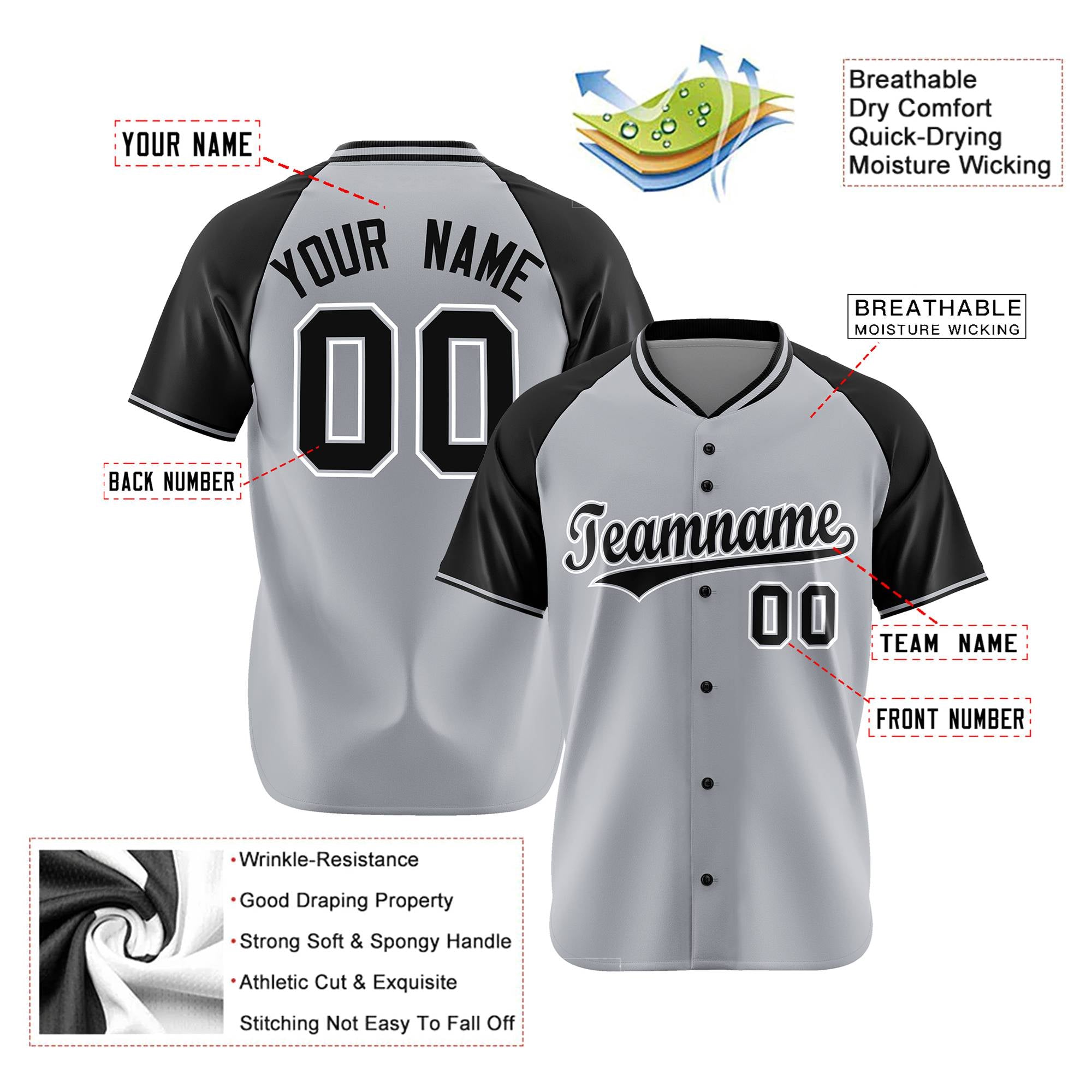 Custom Gray Black White Authentic Colored Buttons Baseball Jersey