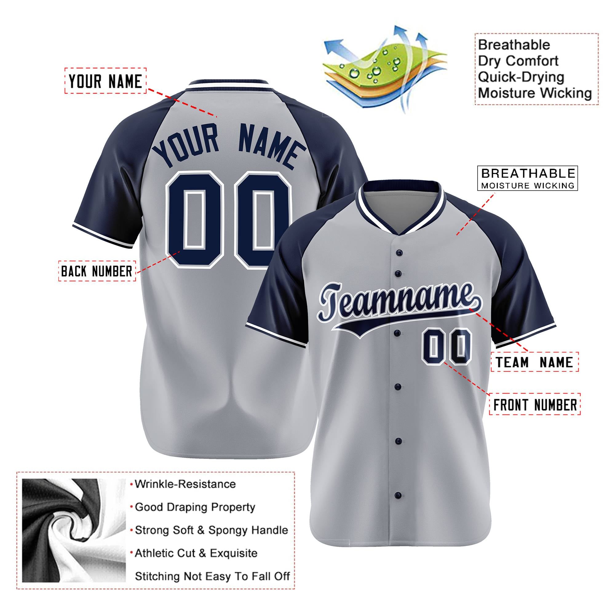 Custom Gray Navy White Authentic Colored Buttons Baseball Jersey