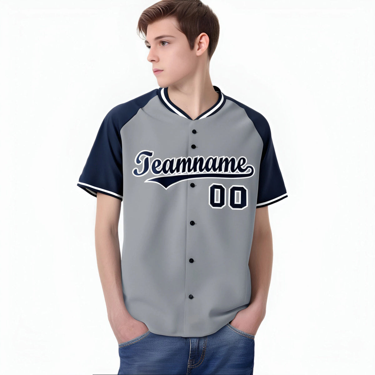 Custom Gray Navy White Authentic Colored Buttons Baseball Jersey