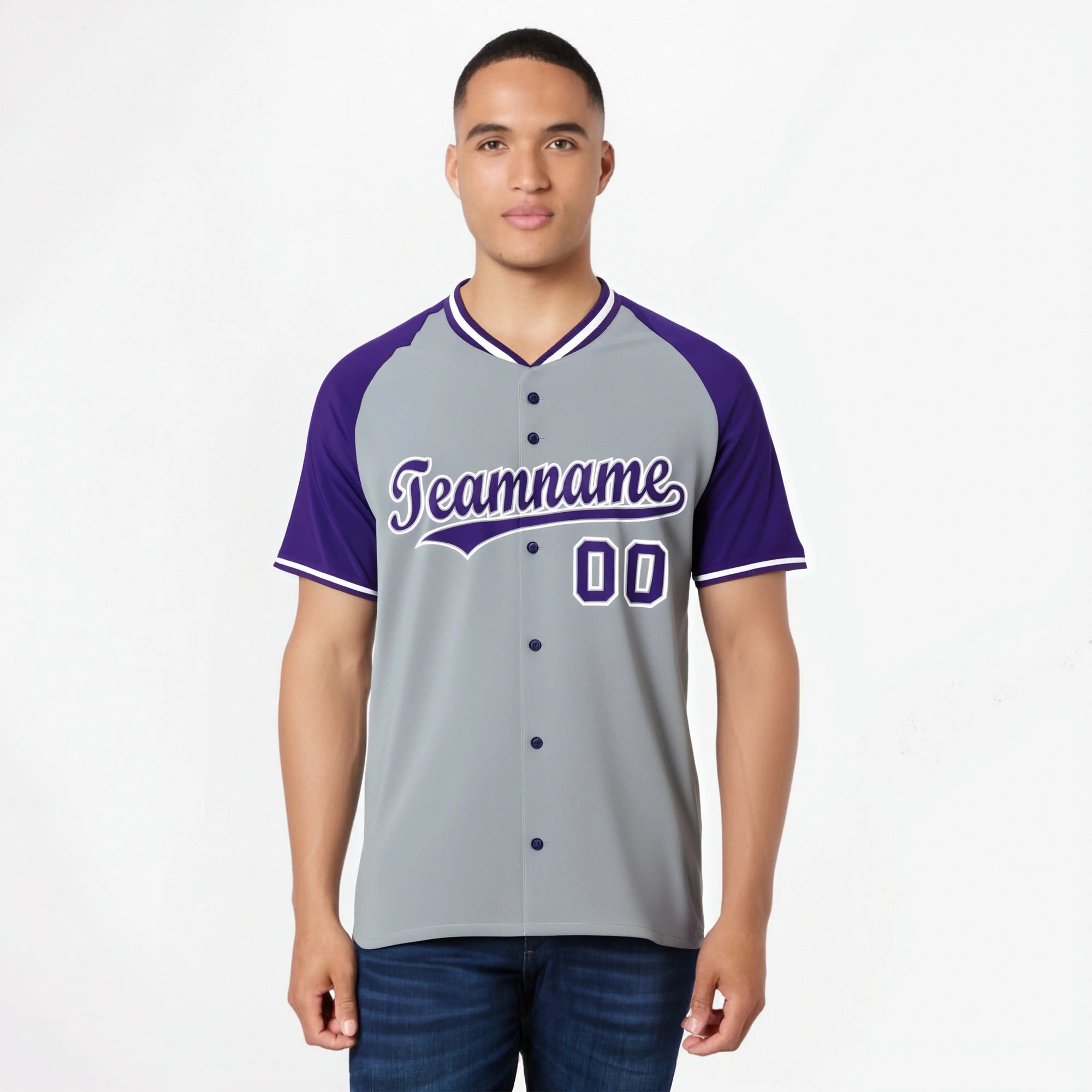 Custom Gray Purple White Authentic Colored Buttons Baseball Jersey