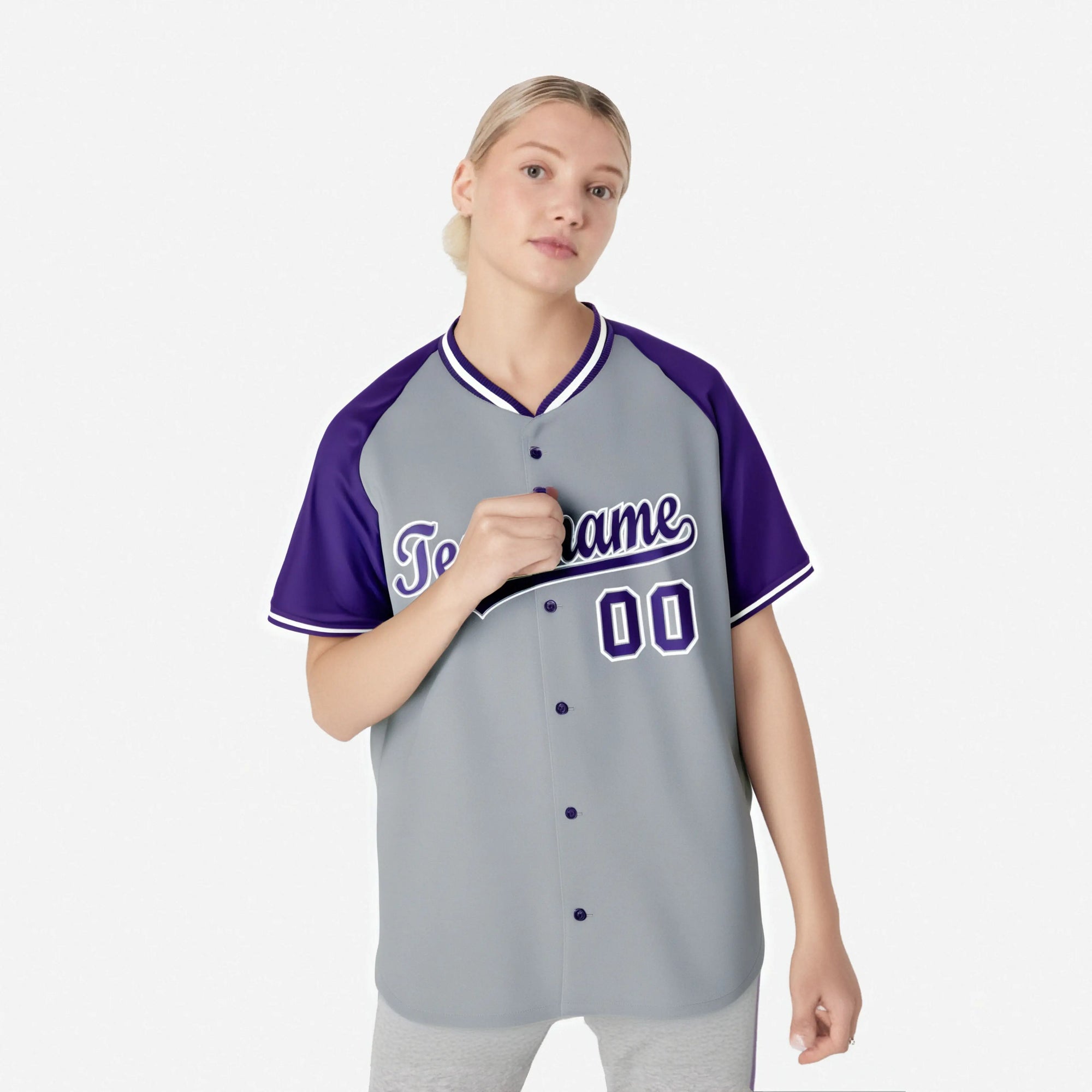 Custom Gray Purple White Authentic Colored Buttons Baseball Jersey