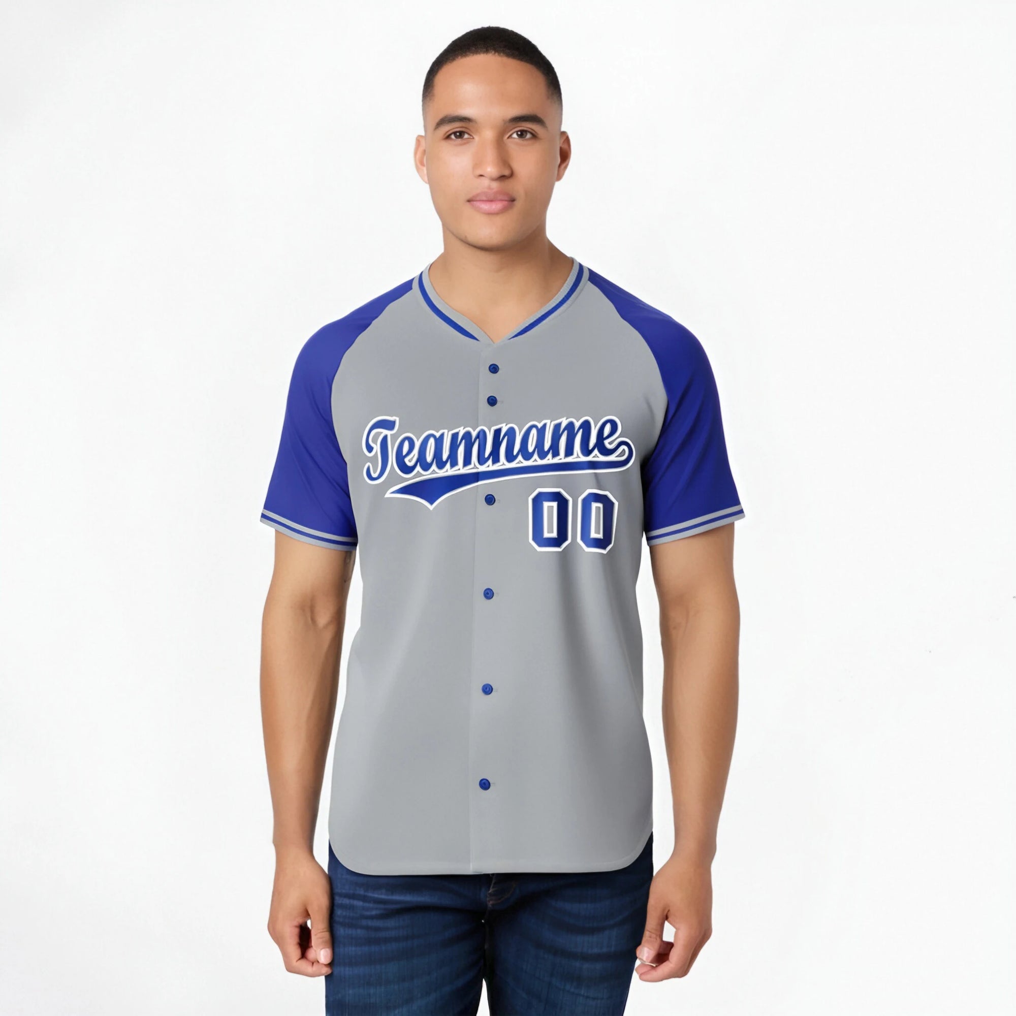 Custom Gray Blue White Authentic Colored Buttons Baseball Jersey