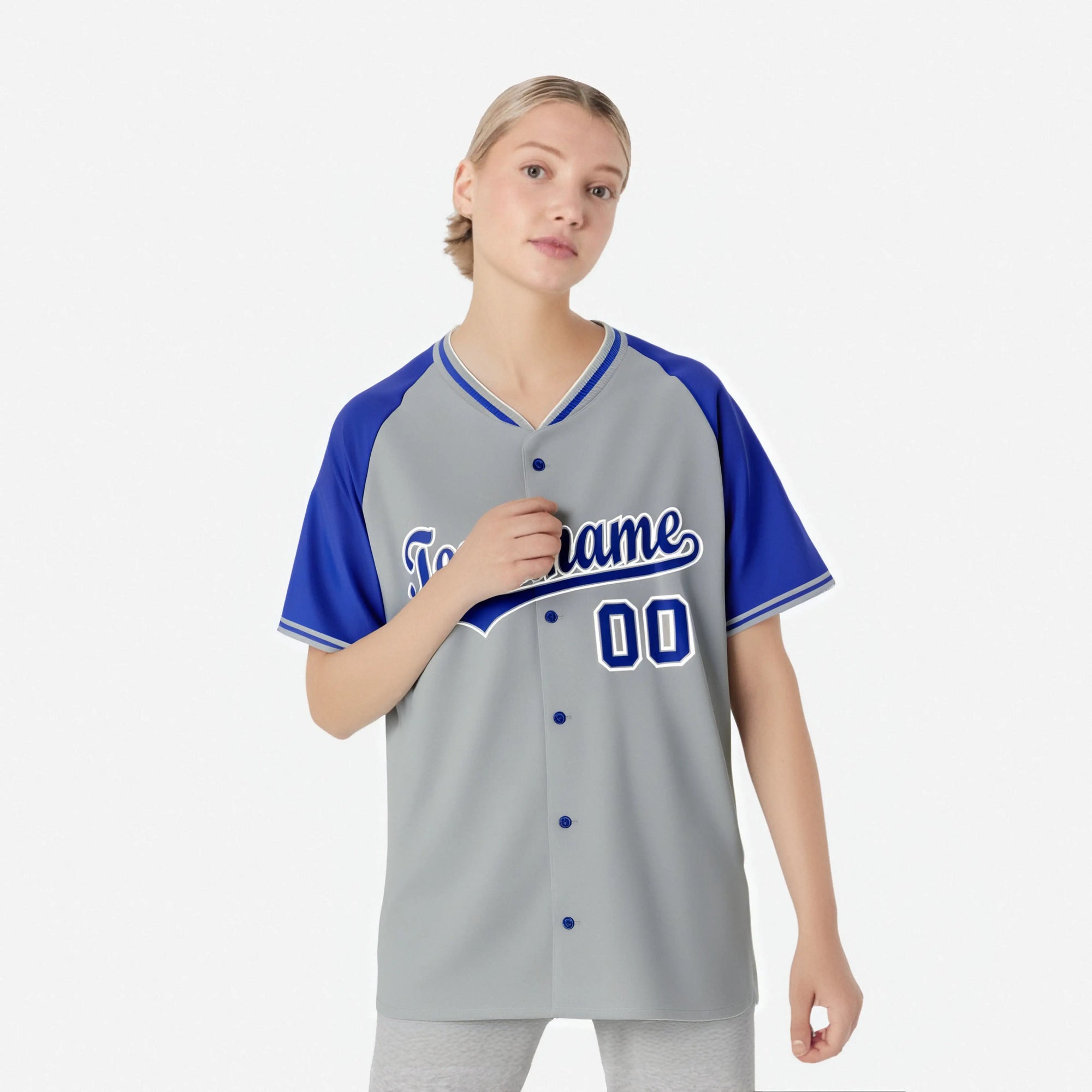 Custom Gray Blue White Authentic Colored Buttons Baseball Jersey