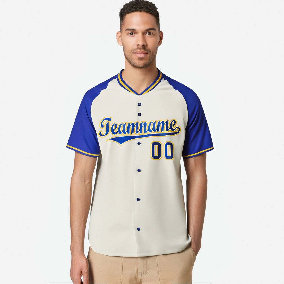 Custom Cream Blue Gold Authentic Colored Buttons Baseball Jersey