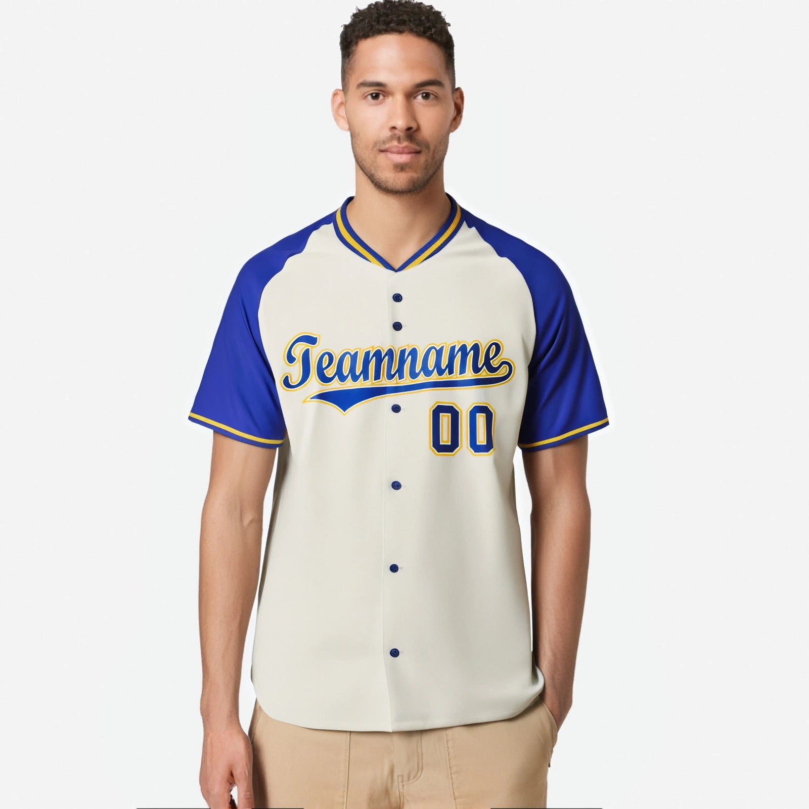 Custom Cream Blue Gold Authentic Colored Buttons Baseball Jersey