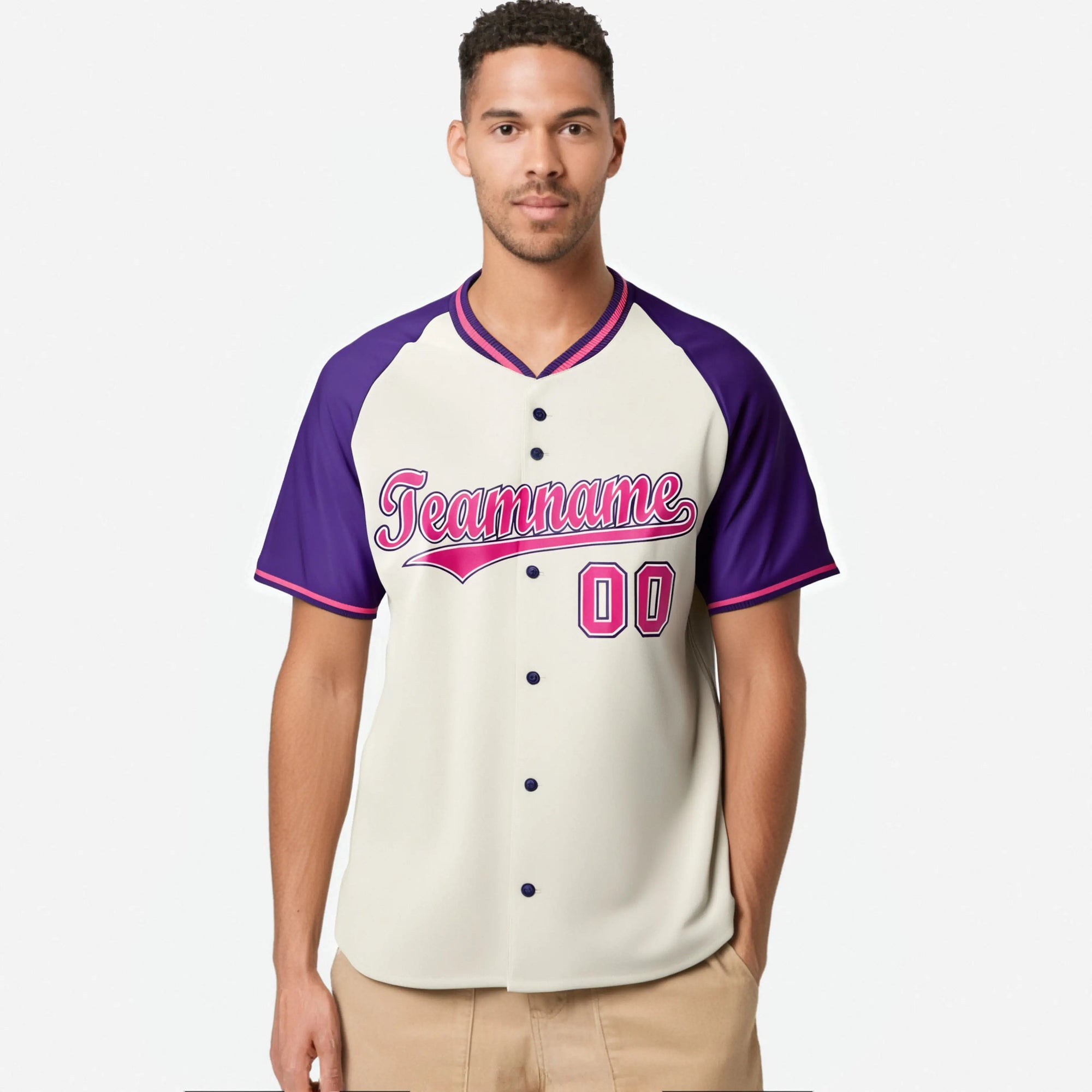 Custom Cream Purple Pink Authentic Colored Buttons Baseball Jersey