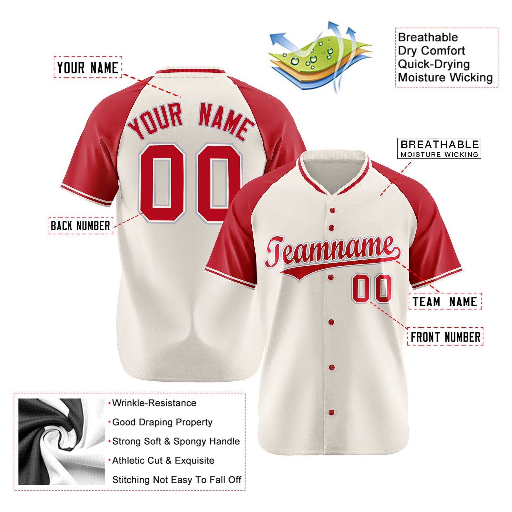 Custom Cream Red Gray Authentic Colored Buttons Baseball Jersey