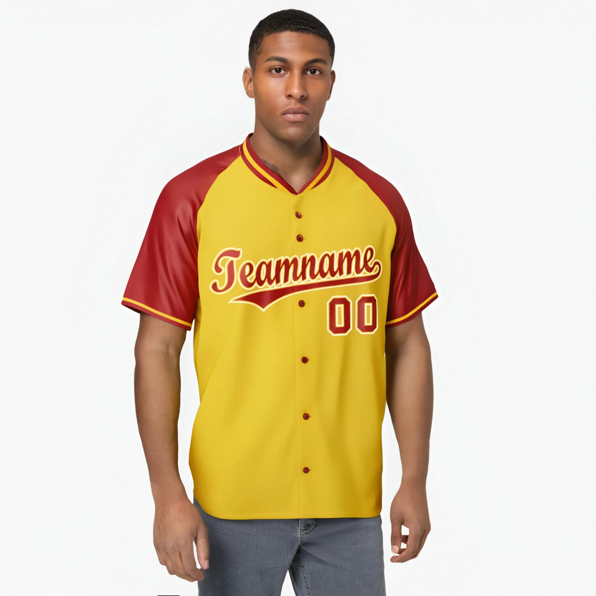 Custom Yellow Red White Authentic Colored Buttons Baseball Jersey