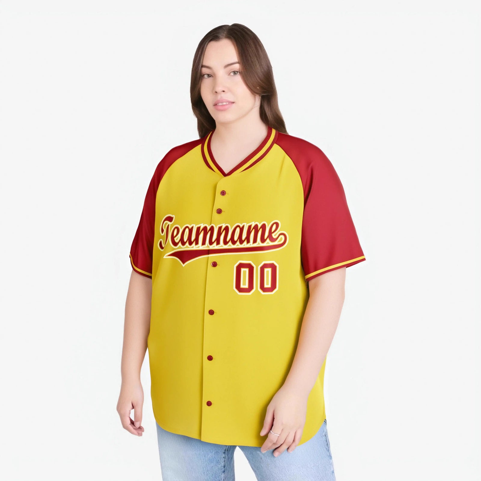 Custom Yellow Red White Authentic Colored Buttons Baseball Jersey
